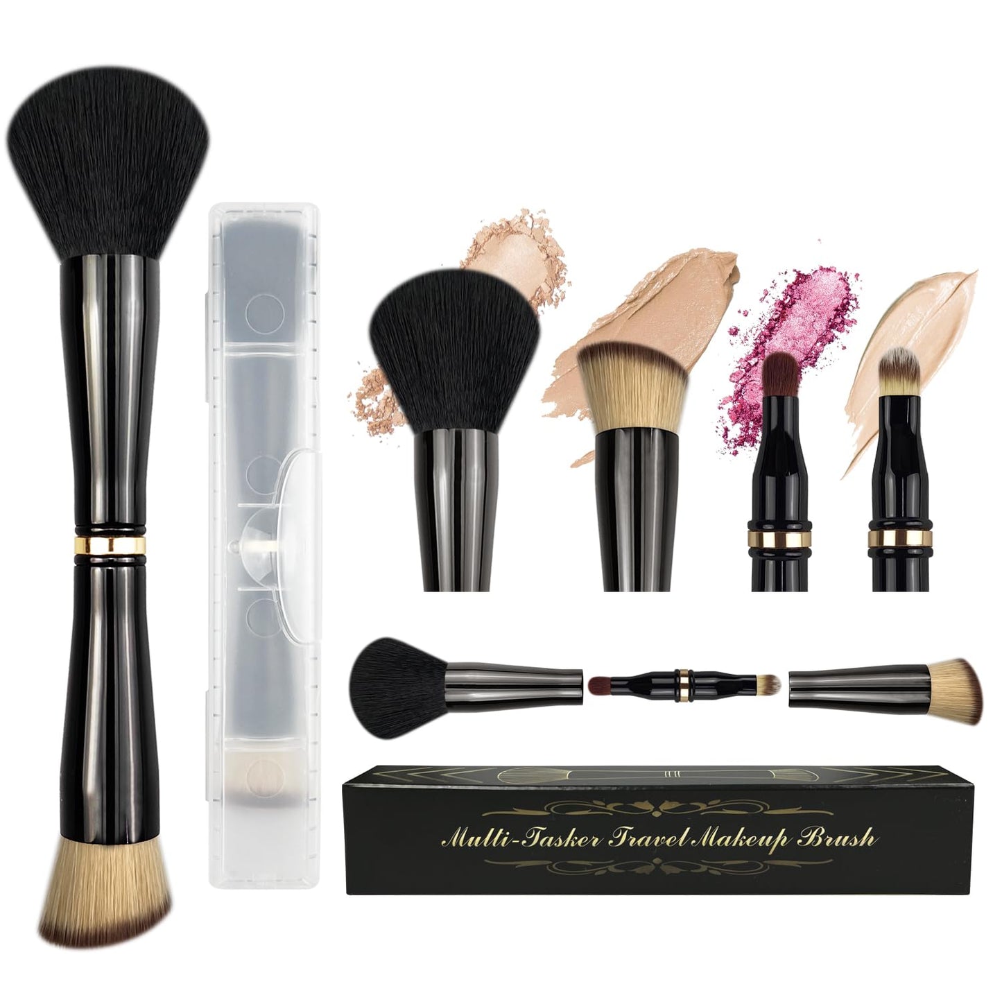 Voxora 4 in 1 Makeup Brush Set - All in One Powder/Blush, Foundation, Blending & Eyeshadow Brushes, Compact & Travel Essential