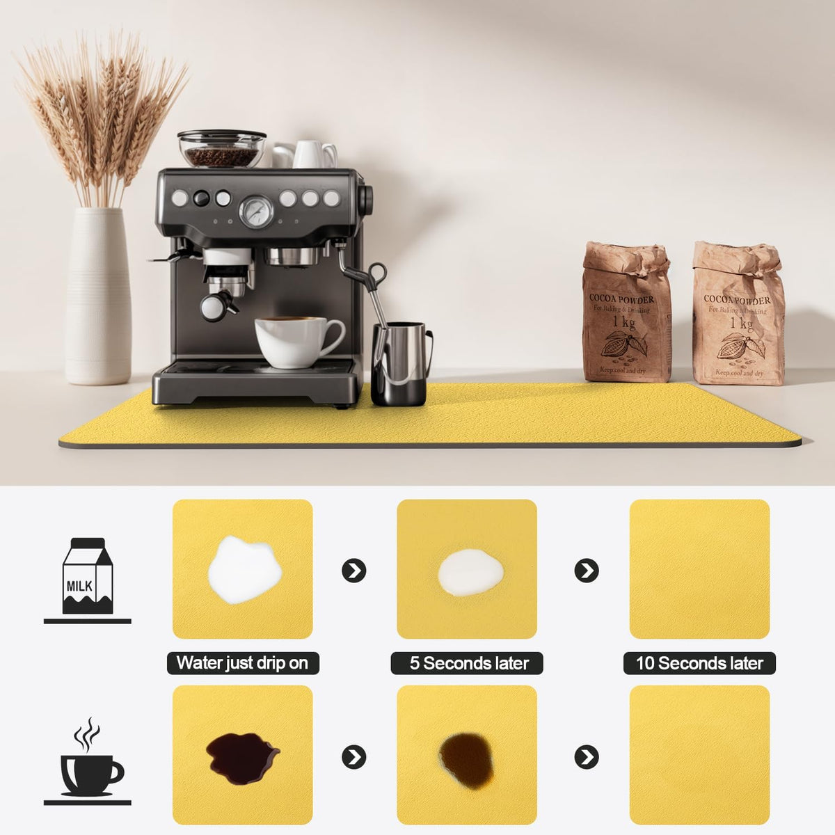 Dish Drying Mat for Kitchen Counter | Coffee Bar Mat for Countertops | Heat Resistant Drainer Mat with Non-slip Rubber Backed | Hide Stain Kitchen Absorbent Draining Mat | Yellow 18"x24"