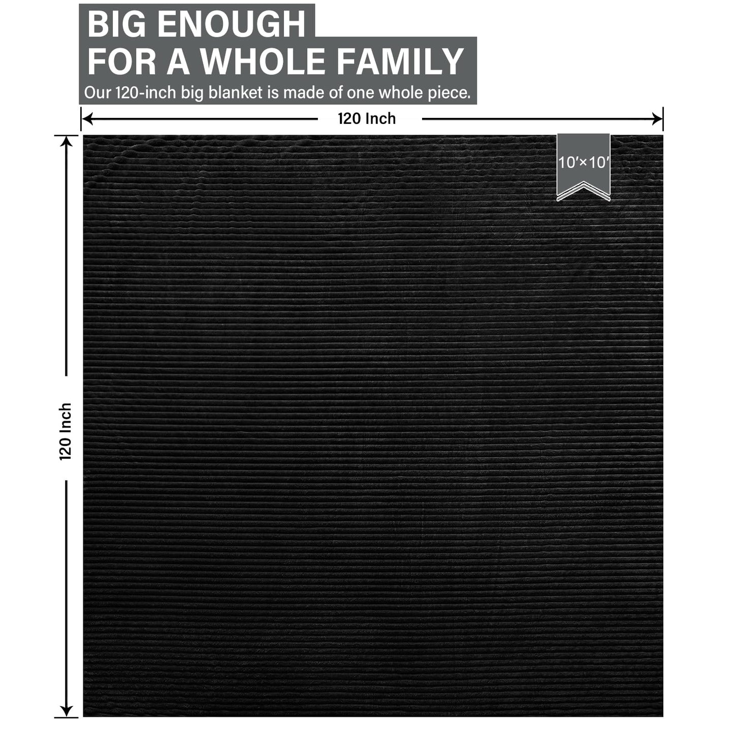Vessia Oversized King Size Black Blanket 10x10, Large Solid Stripe Blanket for Family and Friends, Suitable for Couch, Sofa, Bed, Warm and Soft Home Decor for All Seasons(120x120 inches)