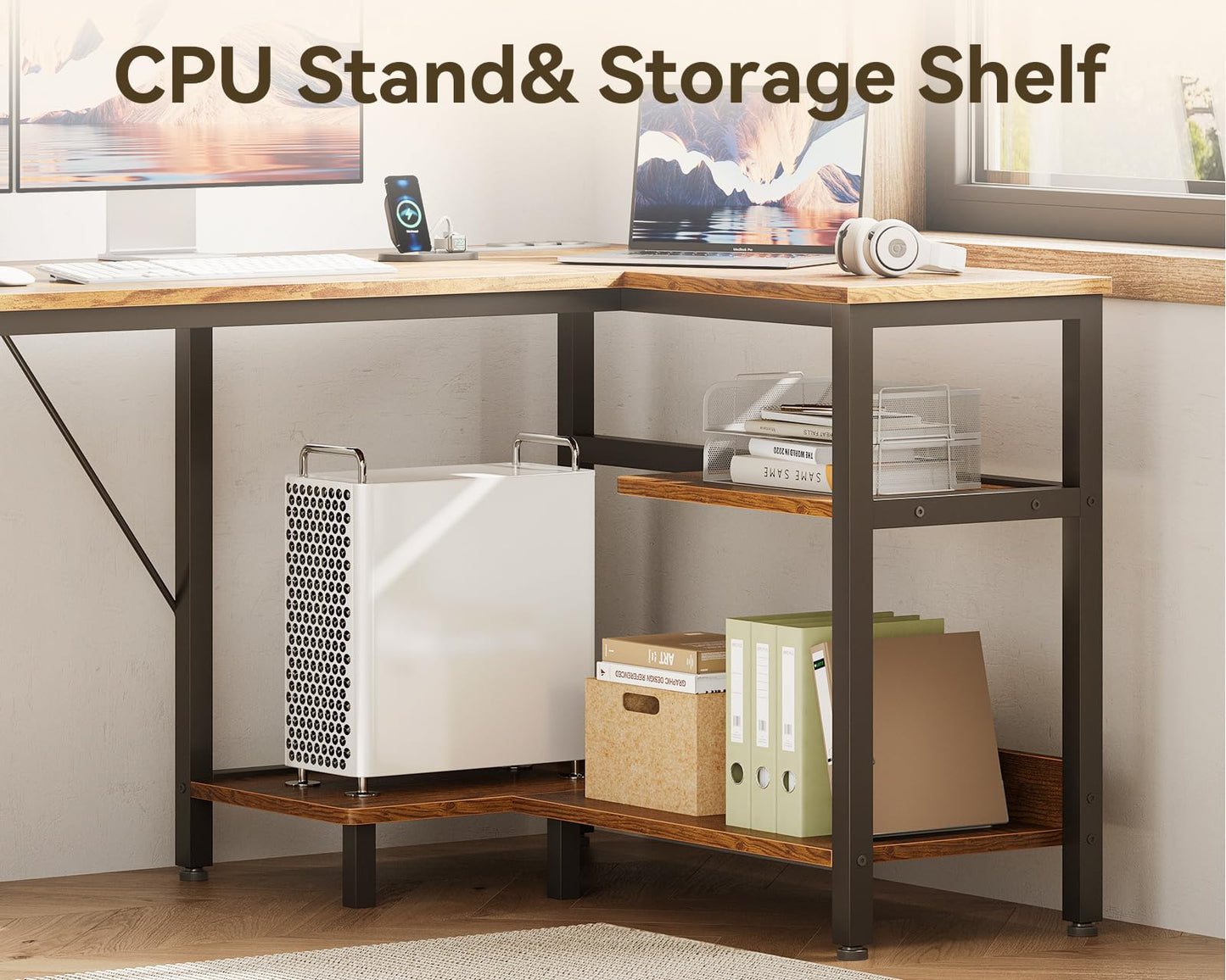 Casaottima L Shaped Desk with Drawers & File Cabinet, 55 Inch Computer Desk with Storage Shelves & CPU Stand, Corner Desk with Power Outlets, Reversible L Desk for Home Office, Brown