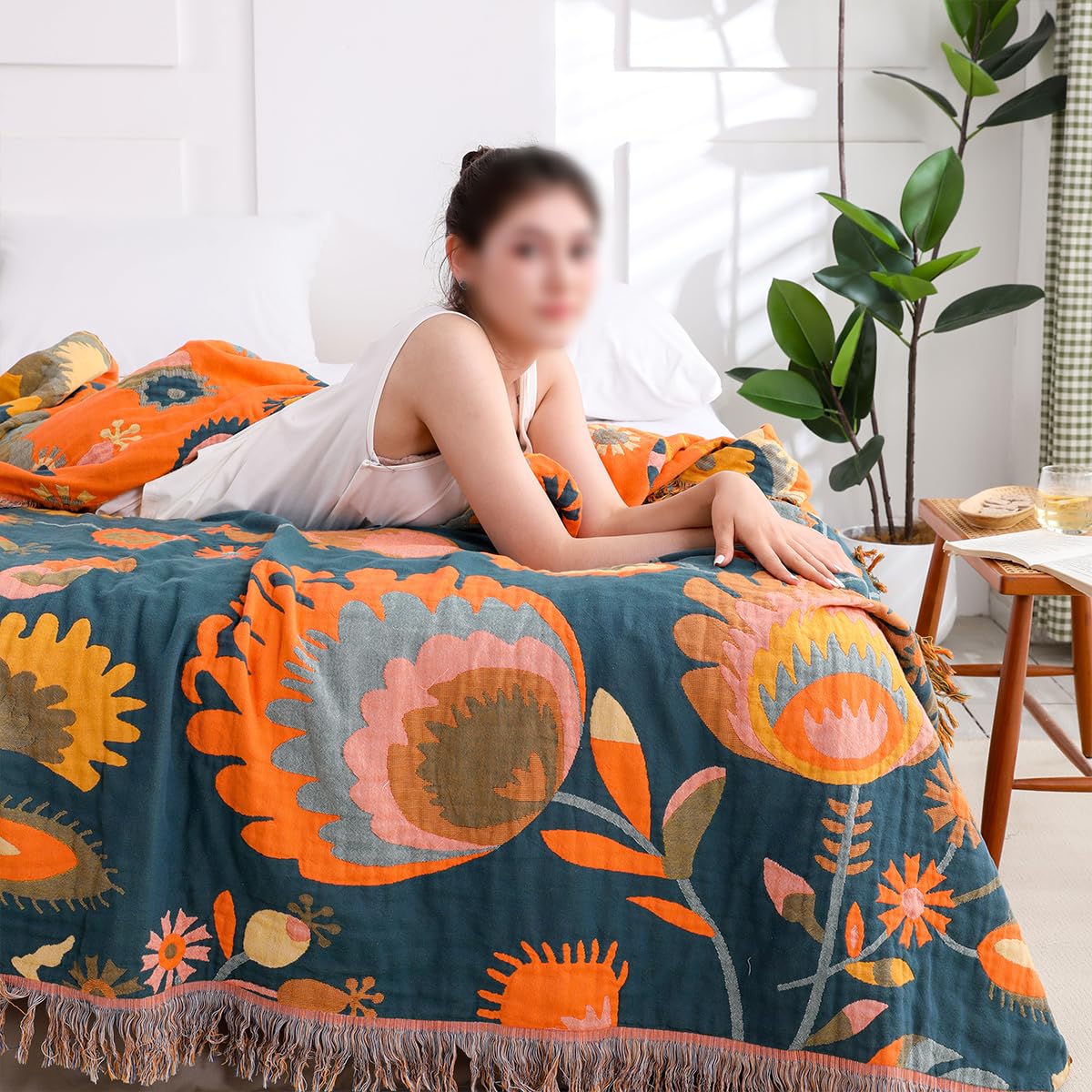 Hopstar Boho Throw Blanket for Bed - 100% Cotton Printed Farmhouse Decor Large Bed Blankets (Floral C, 60"×80")