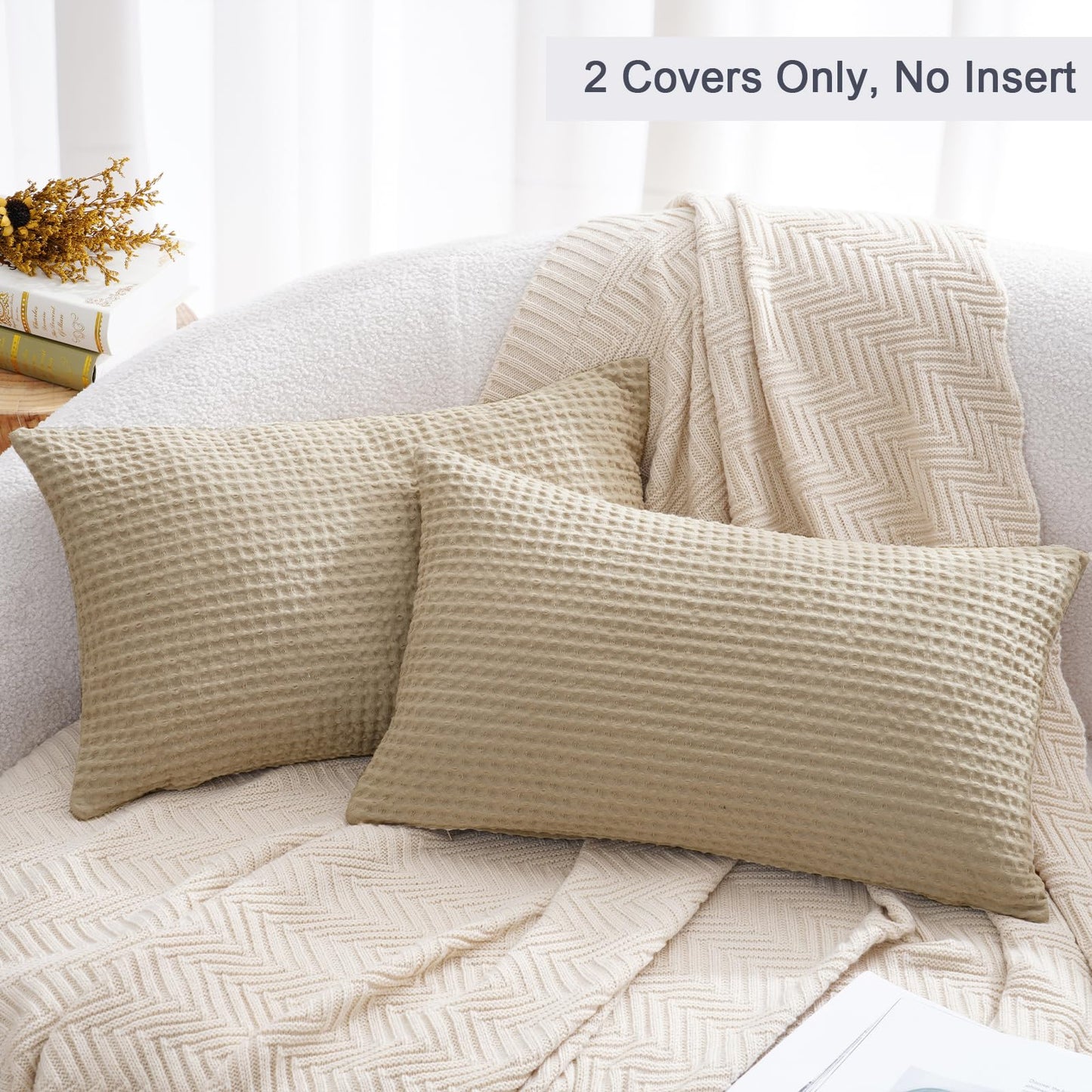 PHF 100% Cotton Waffle Weave Lumbar Pillow Cover 12" x 20", No Insert, 2 Pack Elegant Home Decorative Rectangle Throw Pillow Covers for Bed Couch Sofa, Khaki