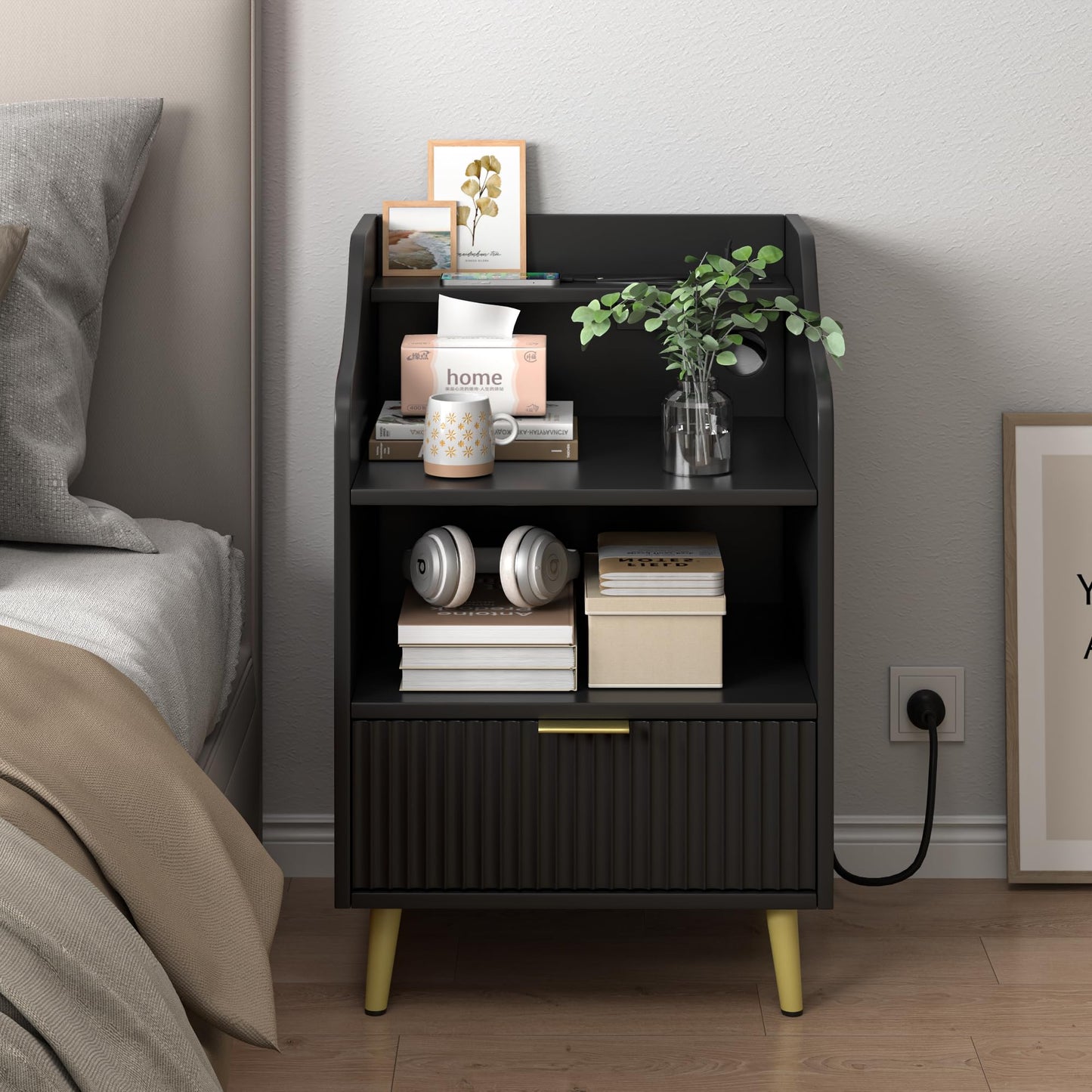 Fluted Nightstand with Charging Station, Modern Side Table with Storage, Wood Fluted End Table with1 Drawers, Bedside Table for Bedroom, Living Room (Black)