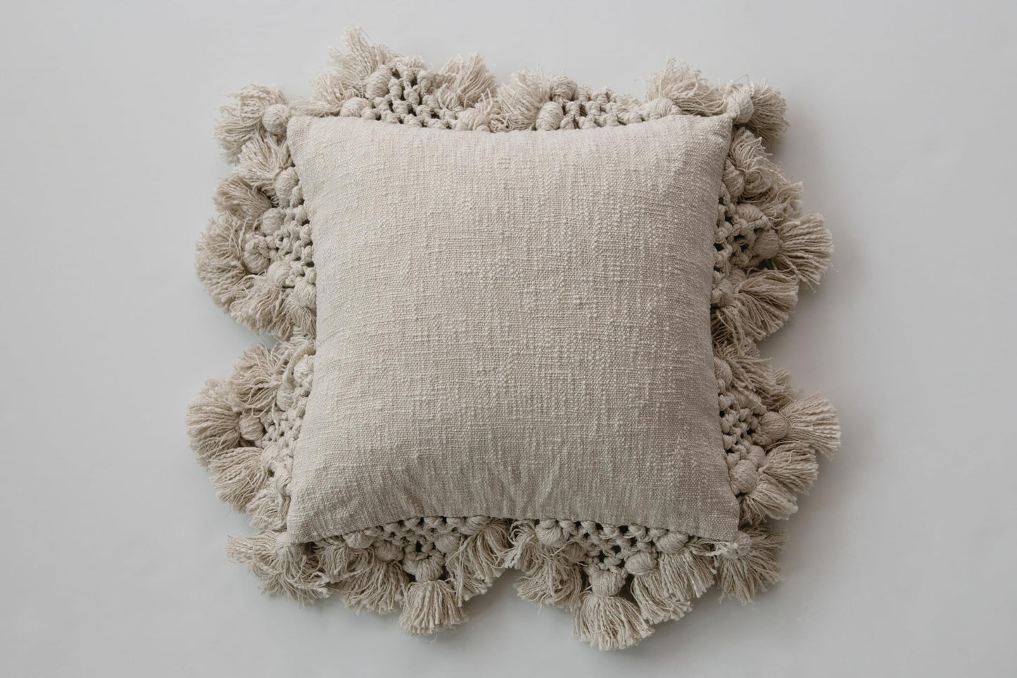 Creative Co-Op Cotton Slub Pillow with Crochet and Tassels, 1 Count (Pack of 1), Cream