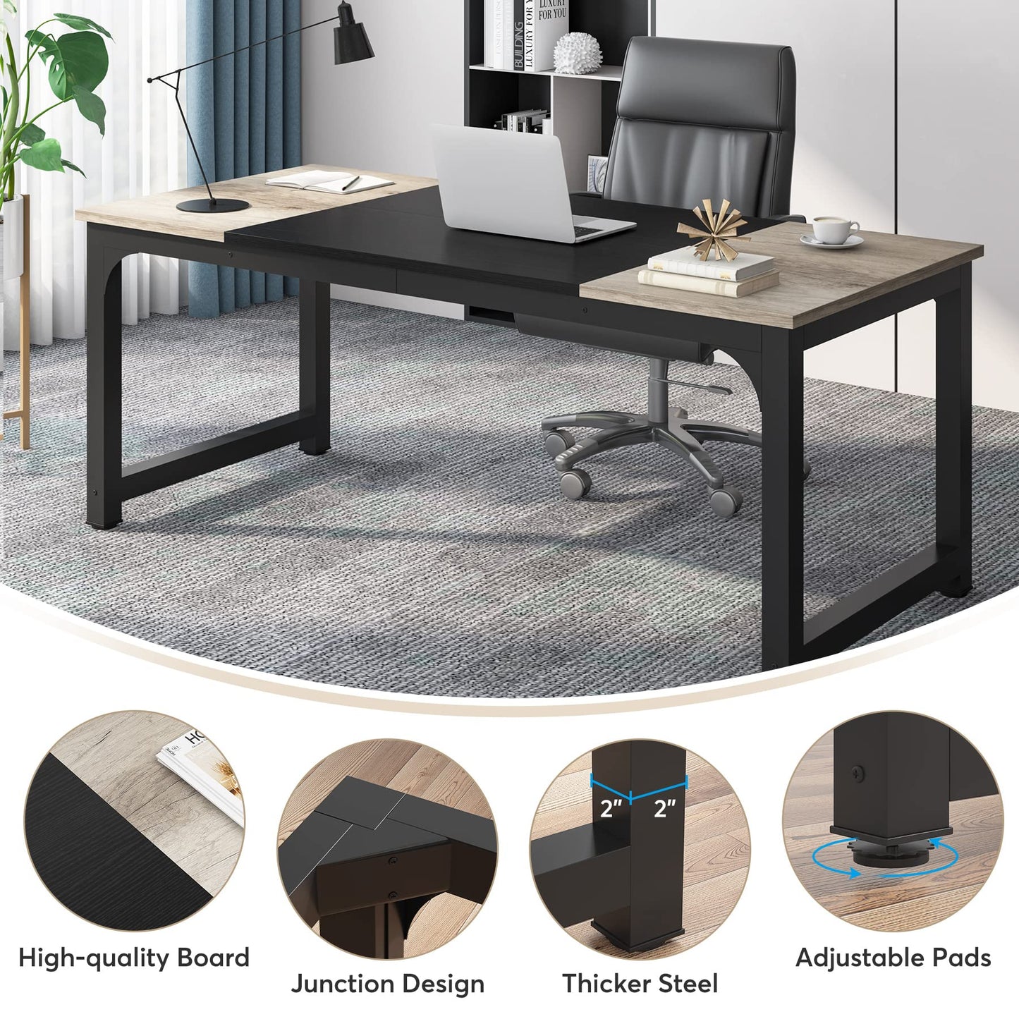 Tribesigns 70.8”Executive Desk, Large Office Computer Desk with Thicken Frame, Modern Simple Workstation Business Furniture for Home Office, Vintage Grey/Black