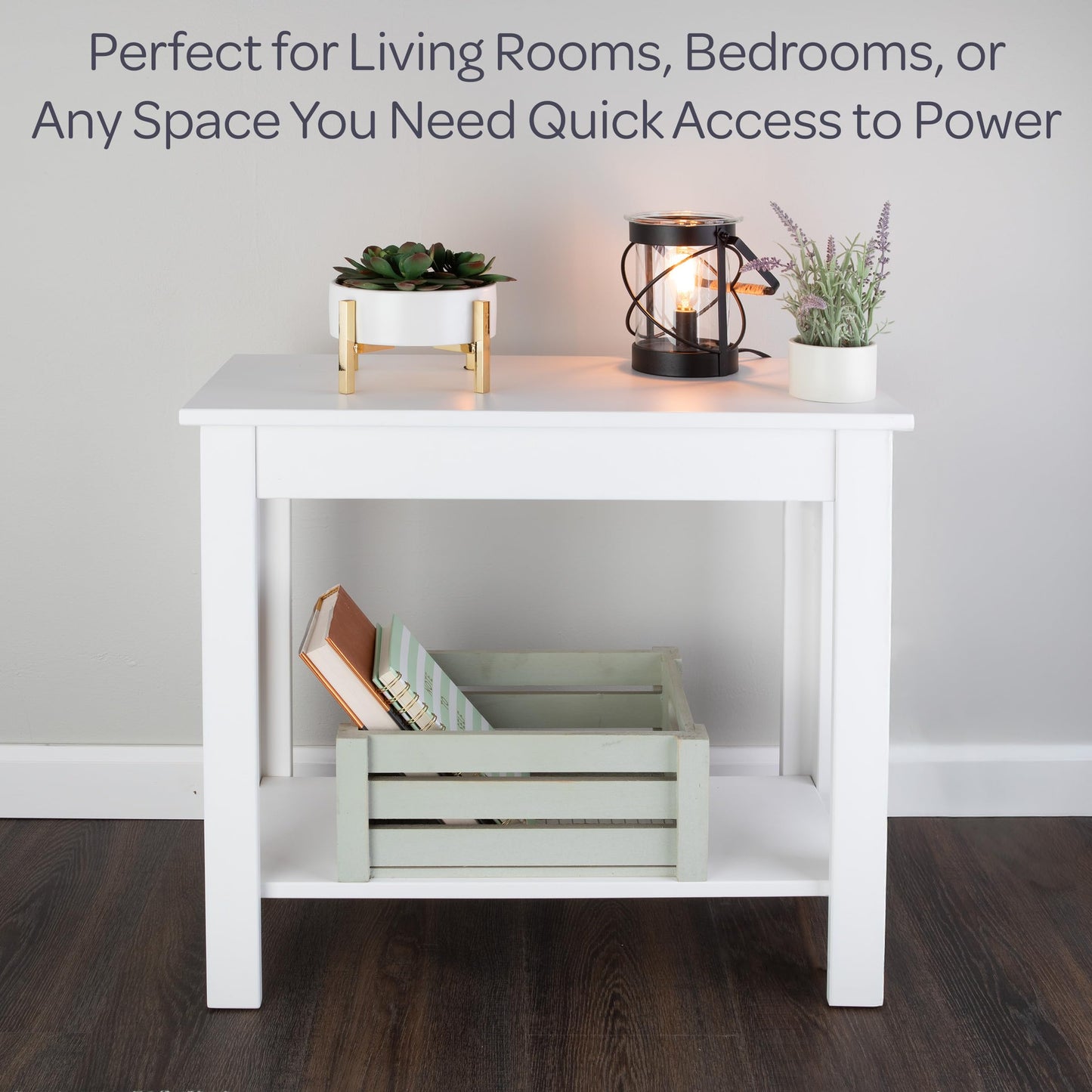 Lavish Home Narrow Side Table with Charging Station - Small End Table with 2 USB Ports, 2 Power Outlets, and Storage Shelf - Slim Nightstand for Living Room, Bedroom, or Small Spaces (White)