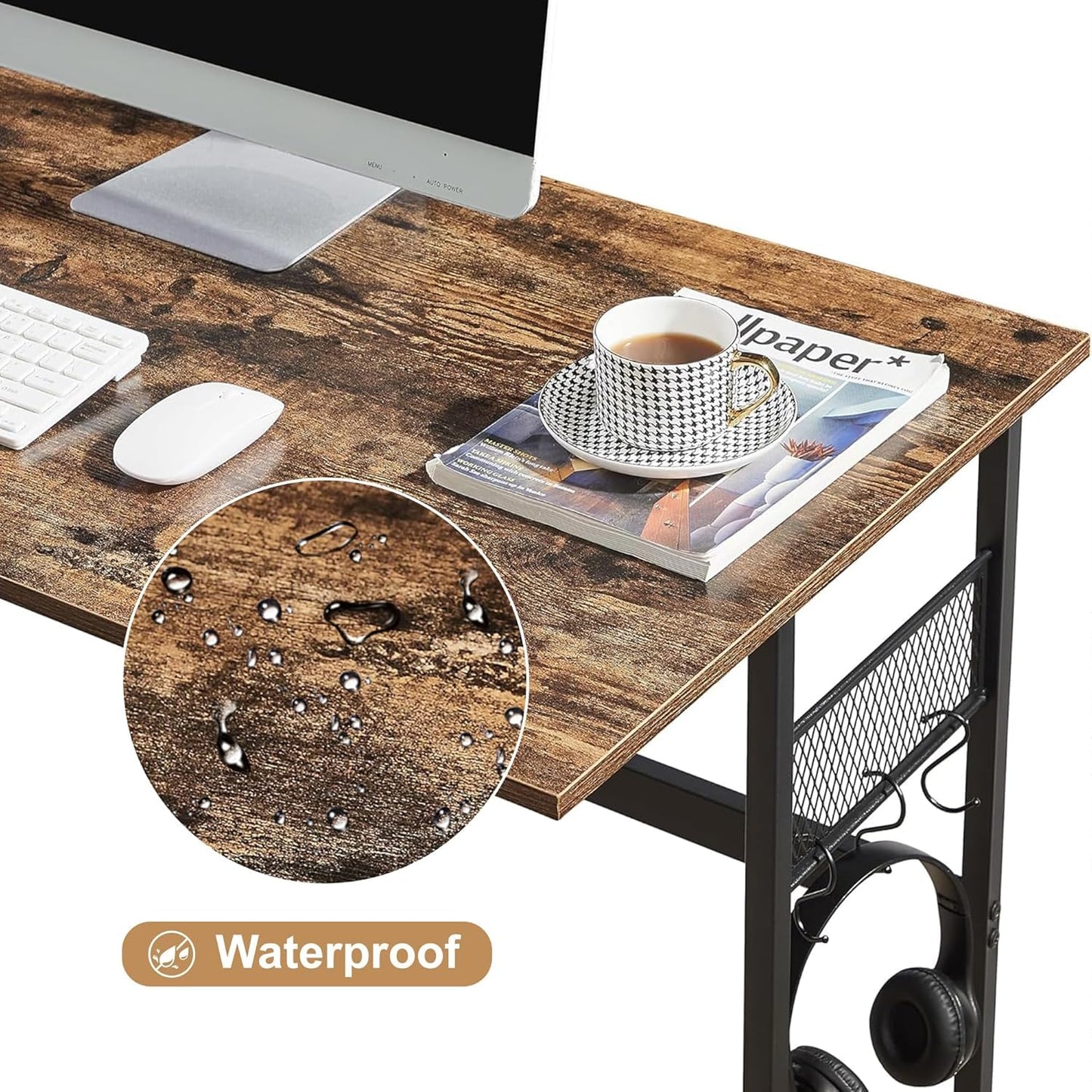 VECELO 43 Inch Computer Desk Home Office Water Proof Writing Desk with 4 Hooks Study Desk with Hook. Adjustable Feet Wooden Desk for Small Space/Home Office/Dormitory Rusic Brown