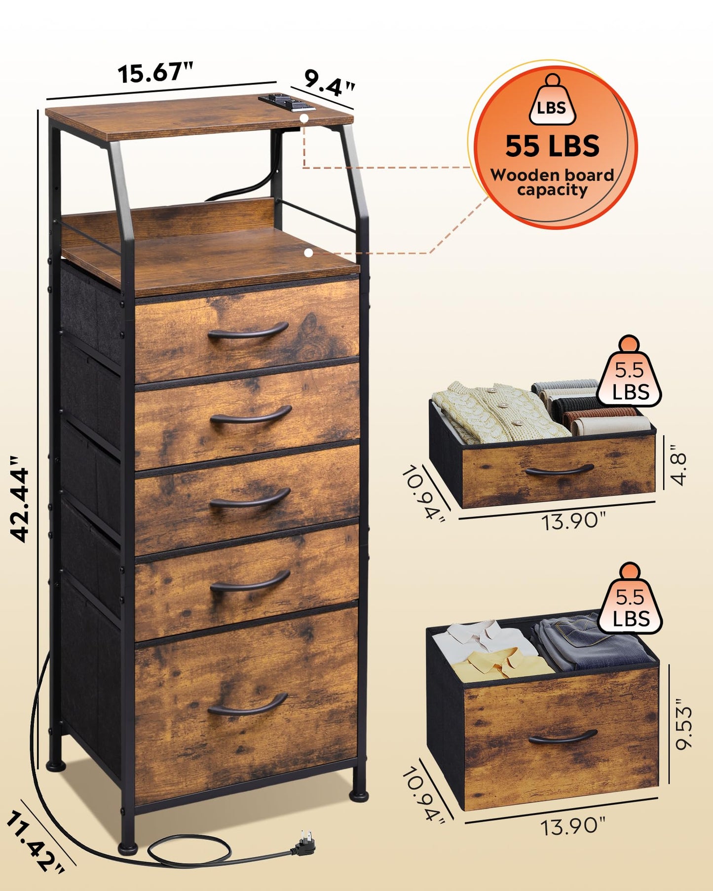 WLIVE LED Nightstand with Charging Station, Fabric Dresser with 5 Drawers for Bedroom, Tall Night Stand with Open Shelves, Bed Side Tables Living Room, Rustic Brown