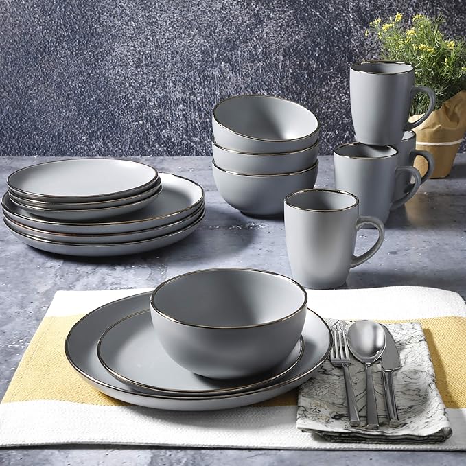 Gibson Home Rockaway 16-Piece Round Stoneware Dinnerware Set, Service for 4 – Grey with Gold Rim Plates and Bowls, Microwave & Dishwasher Safe
