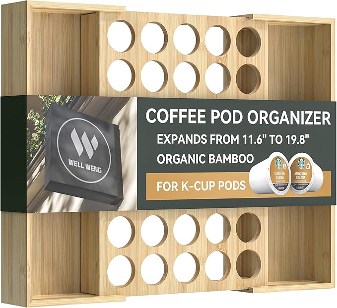 Larger Expandable Bamboo Coffee Pod Holder for Counter Drawer Display, 35 Pod Capacity, K-Cup Pods - Tea Bags Storage Organizer Holder (Bamboo)