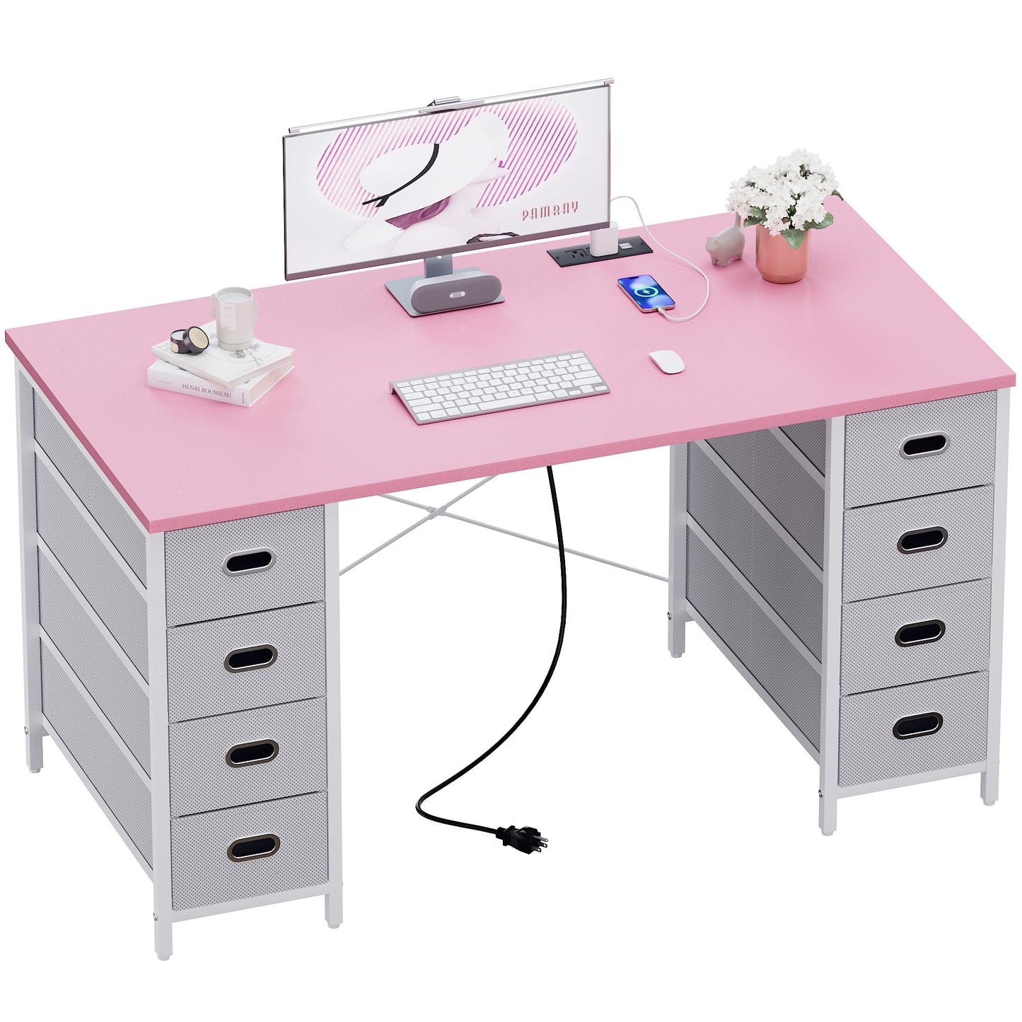 Pamray 47 Inch Computer Desk with 8 Fabric Drawers and Power Outlet PC Gaming Desk Home Office Study Work Writing Table for Bedroom Pink