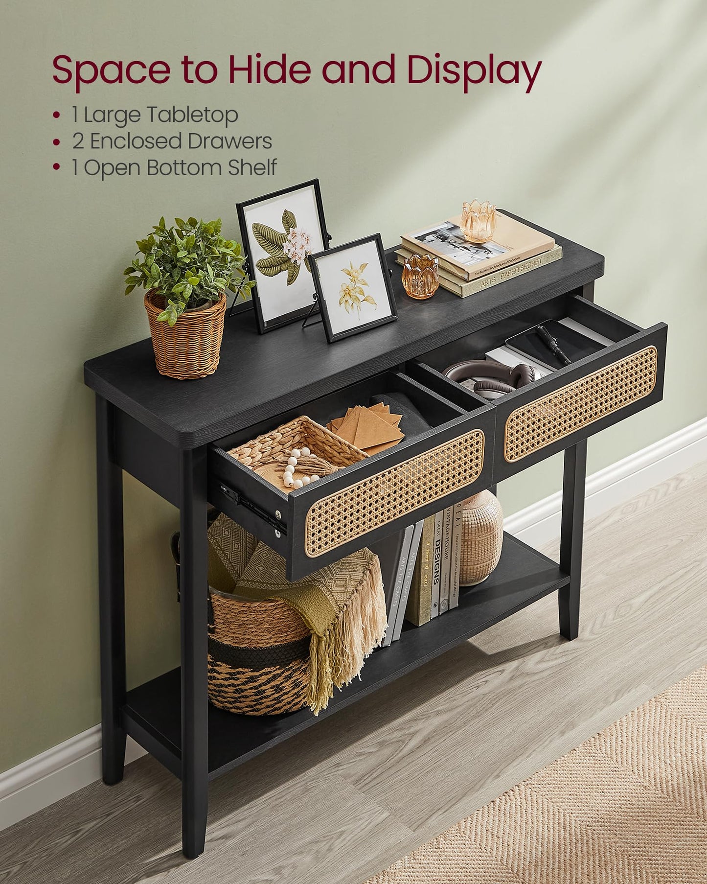 VASAGLE Console Table, Sofa Table, Narrow Entryway Table with 2 Drawers, Open Storage Shelf, Rounded Corners, for Living Room, Boho Style, Ash Black ULNT016B21