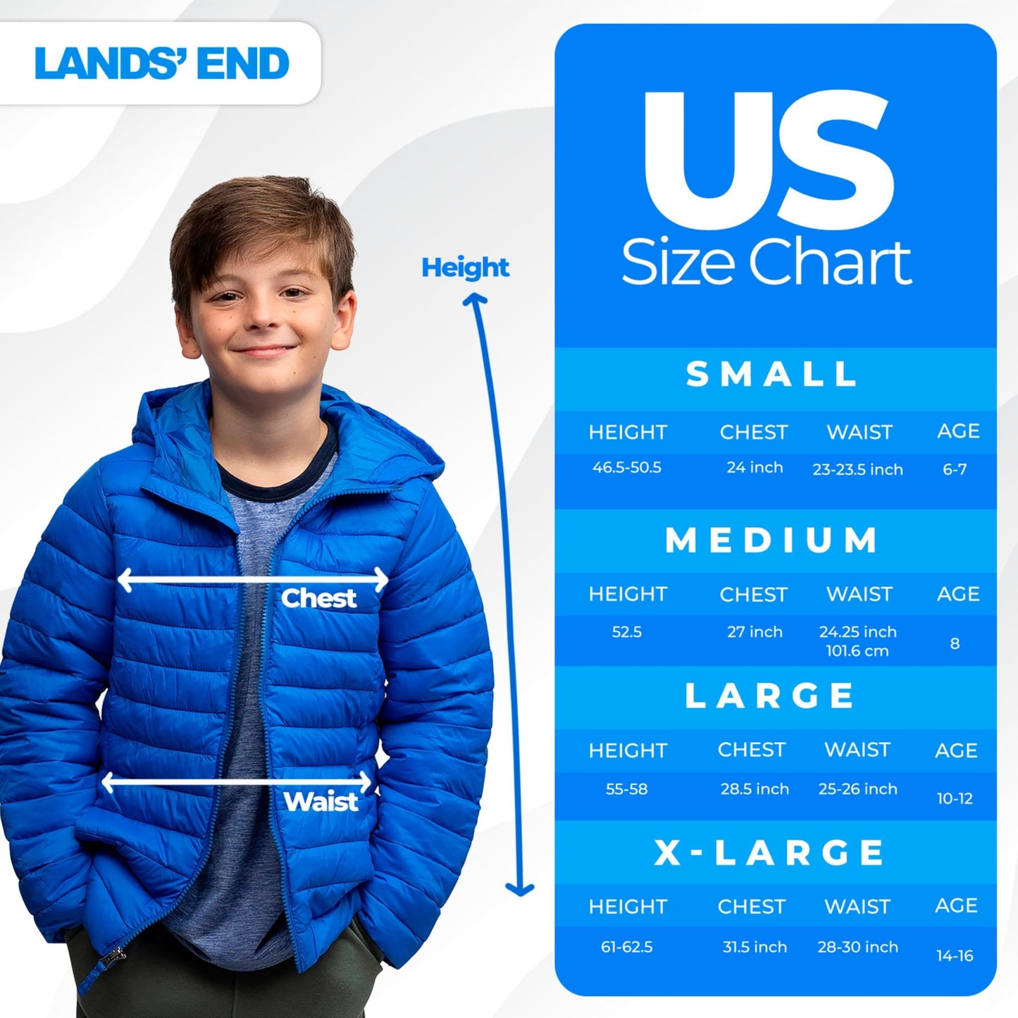 Lands' End Kids Full Zip Lightweight Thermoplume Hooded Jacket, Nautical Blue, Medium