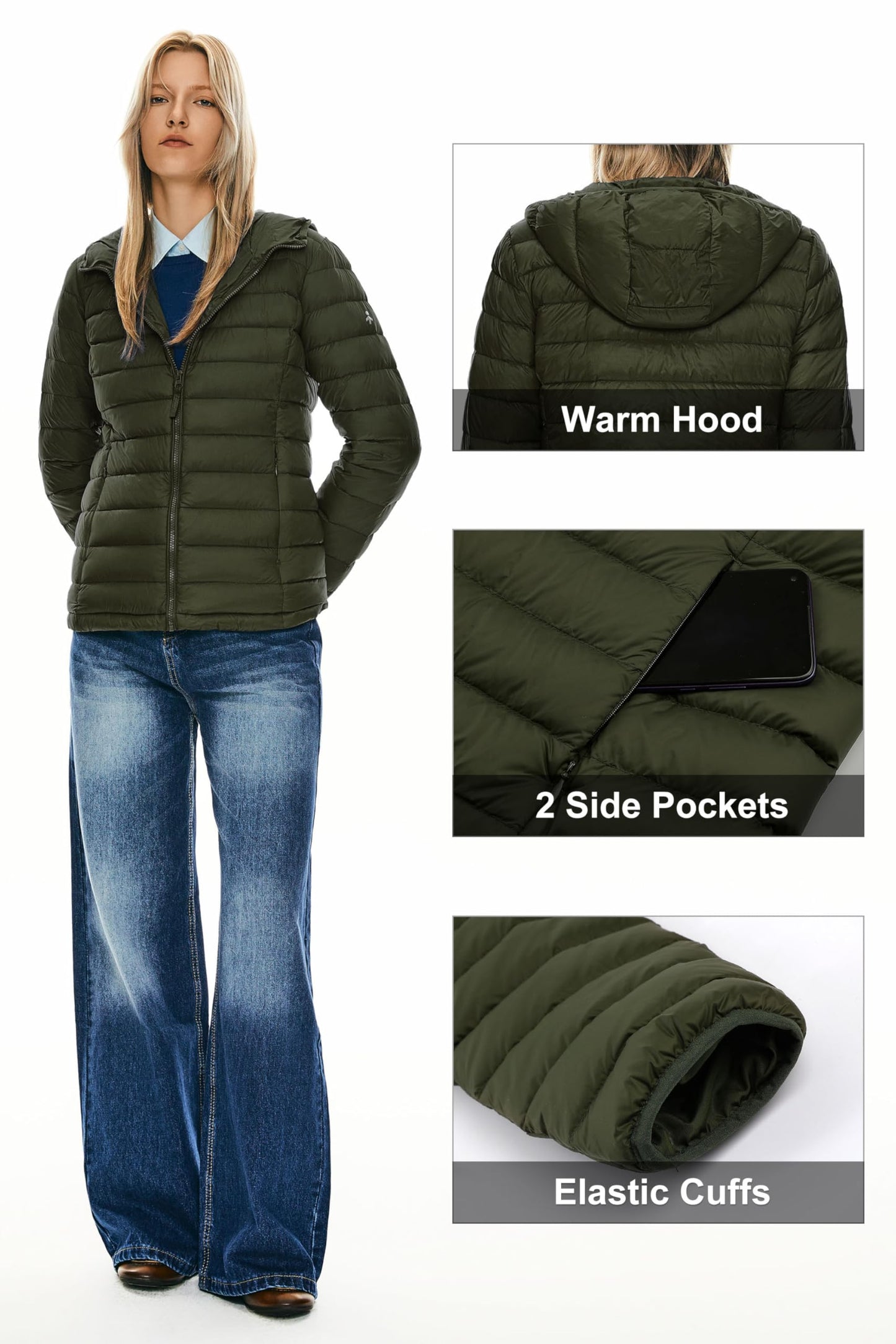 Orolay Women's Packable Down Jacket Hooded Ultra Light Weight Short Puffer Coat with Pockets Navy L