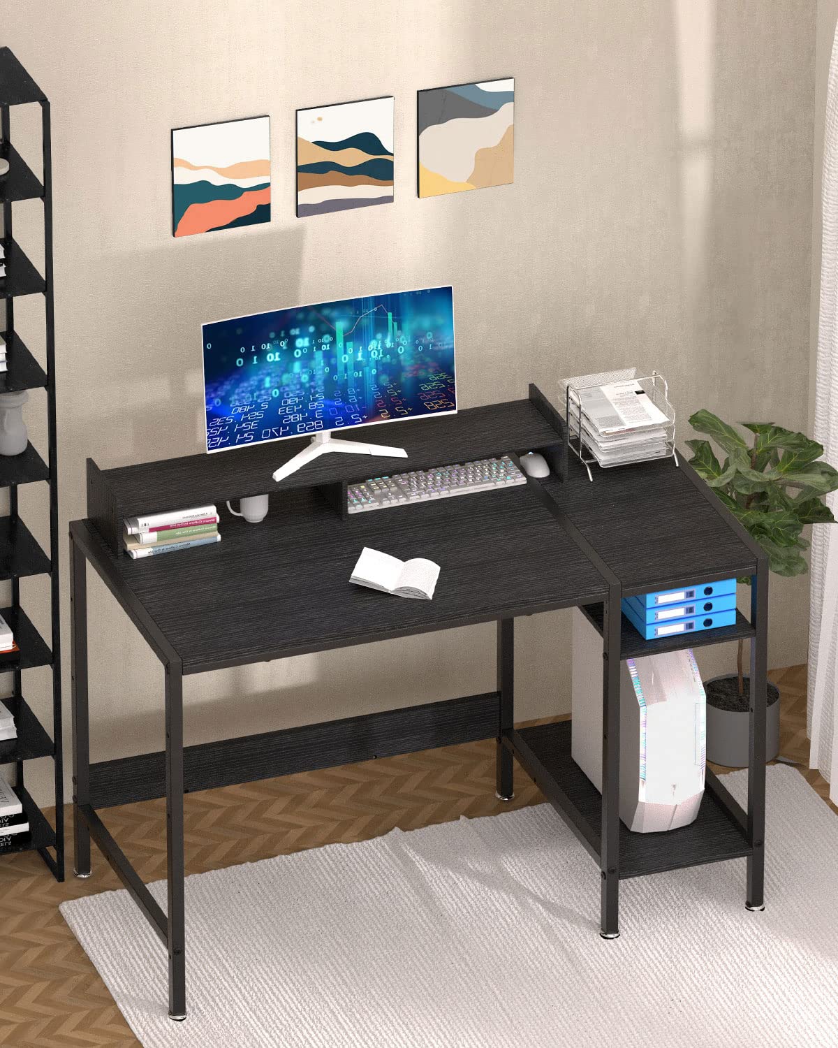MINOSYS Computer Desk - 47” Gaming Desk, Home Office Desk with Storage, Small Table with Monitor Stand, Storage Space-Savor, Modern Table, Black