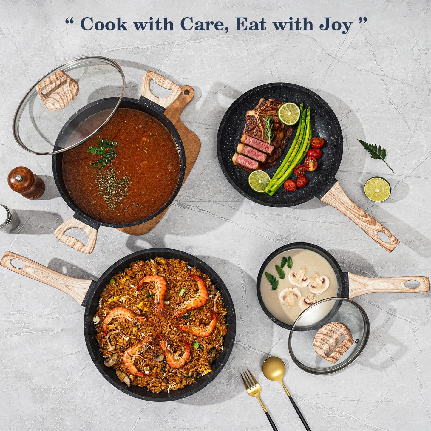 SODAY 12 Pcs Pots and Pans Set Non stick, Cookware Sets Black Granite Induction Cookware, Non-toxic Healthy Nonstick Kitchen Cooking Set with Frying Pans Set, Saucepans (PFAS/PFOA/PFOS Free)