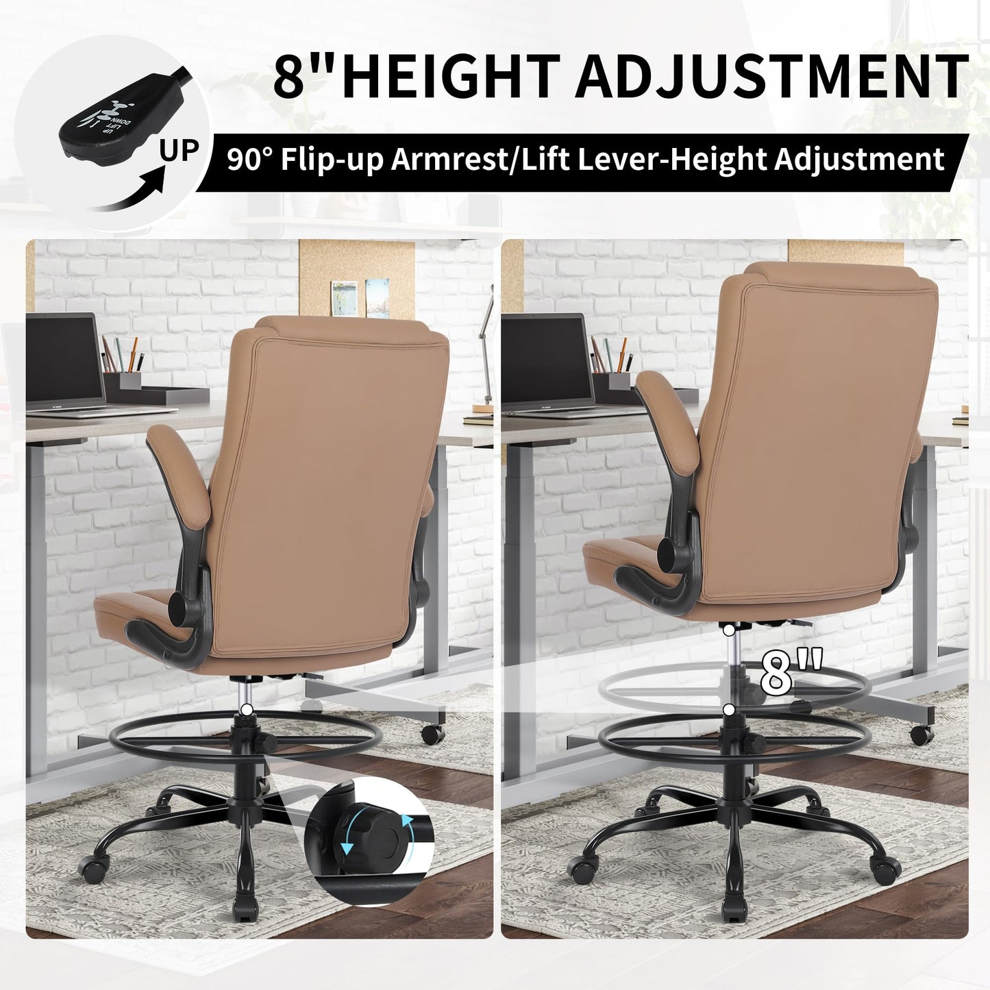 Misolant Drafting Chair, Tall Office Chair for Standing Desk, Standing Chair with Adjustable Height and Flip-up Armrest, Leather Drafting Chair, High Office Chair for Counter Height Desk