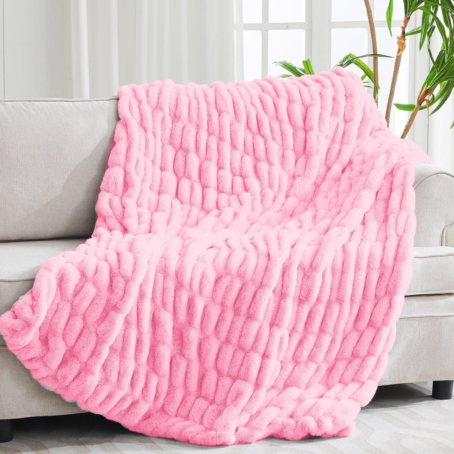 Tejoe Faux Rabbit Fur Throw Blanket - Ultra Soft & Fluffy Cozy Gift, Plush Fuzzy Luxury Blanket for Couch, Bed, Living Room Decor, 50x60, Blush Pink
