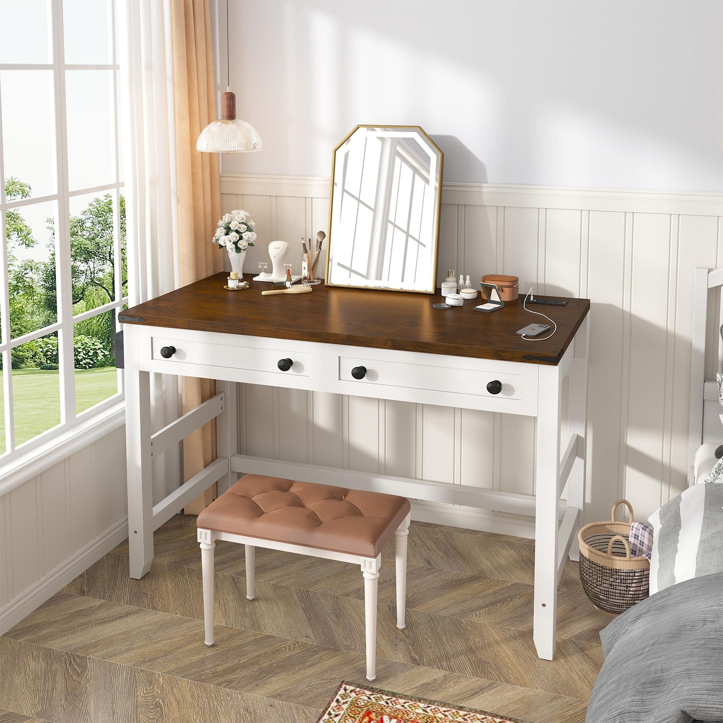 EnHomee 40" Small Desk for Bedroom, Computer Desk with Power Outlets for Home Office, Desks with Drawers and a Side Pocket, Brown+White
