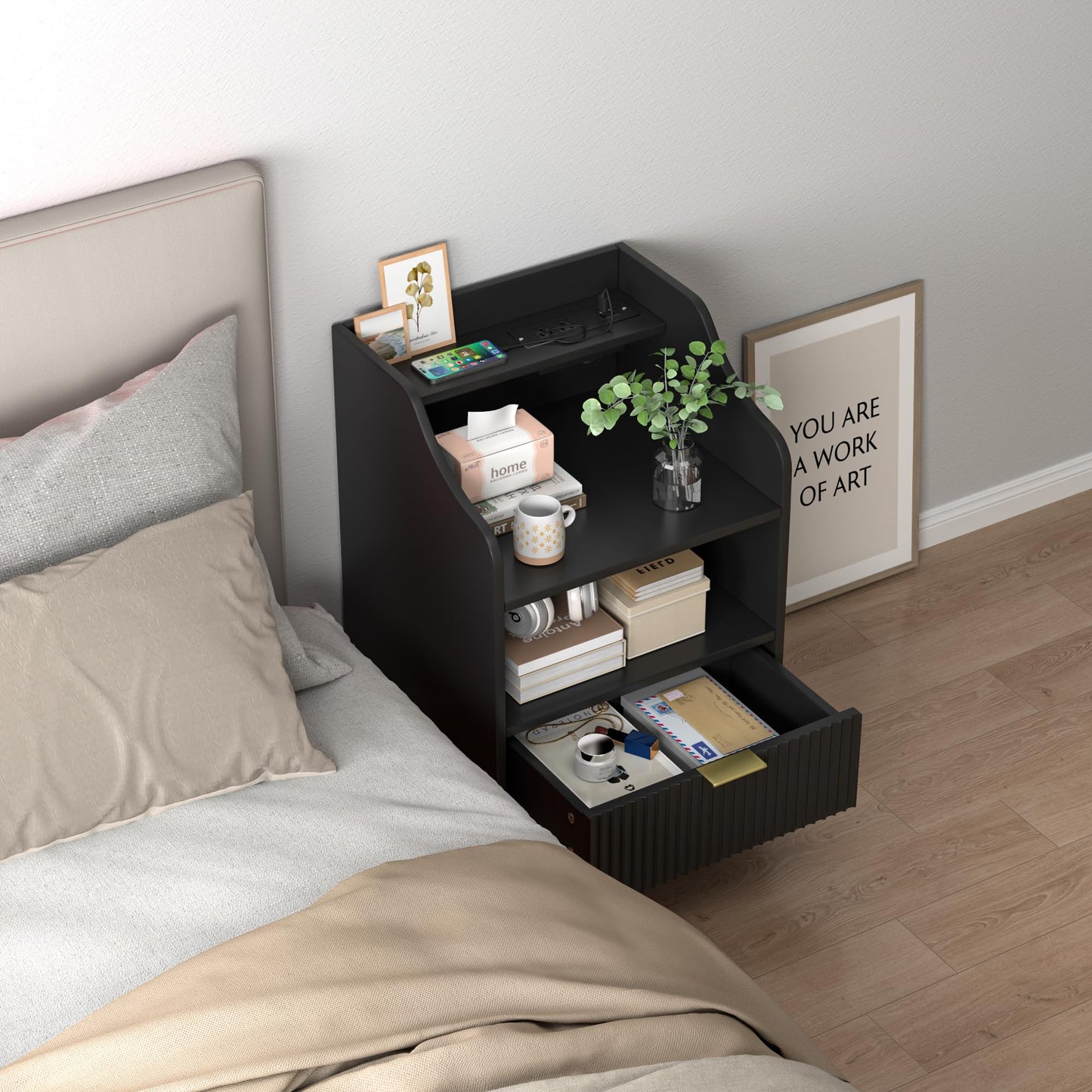 Fluted Nightstand with Charging Station, Modern Side Table with Storage, Wood Fluted End Table with1 Drawers, Bedside Table for Bedroom, Living Room (Black)