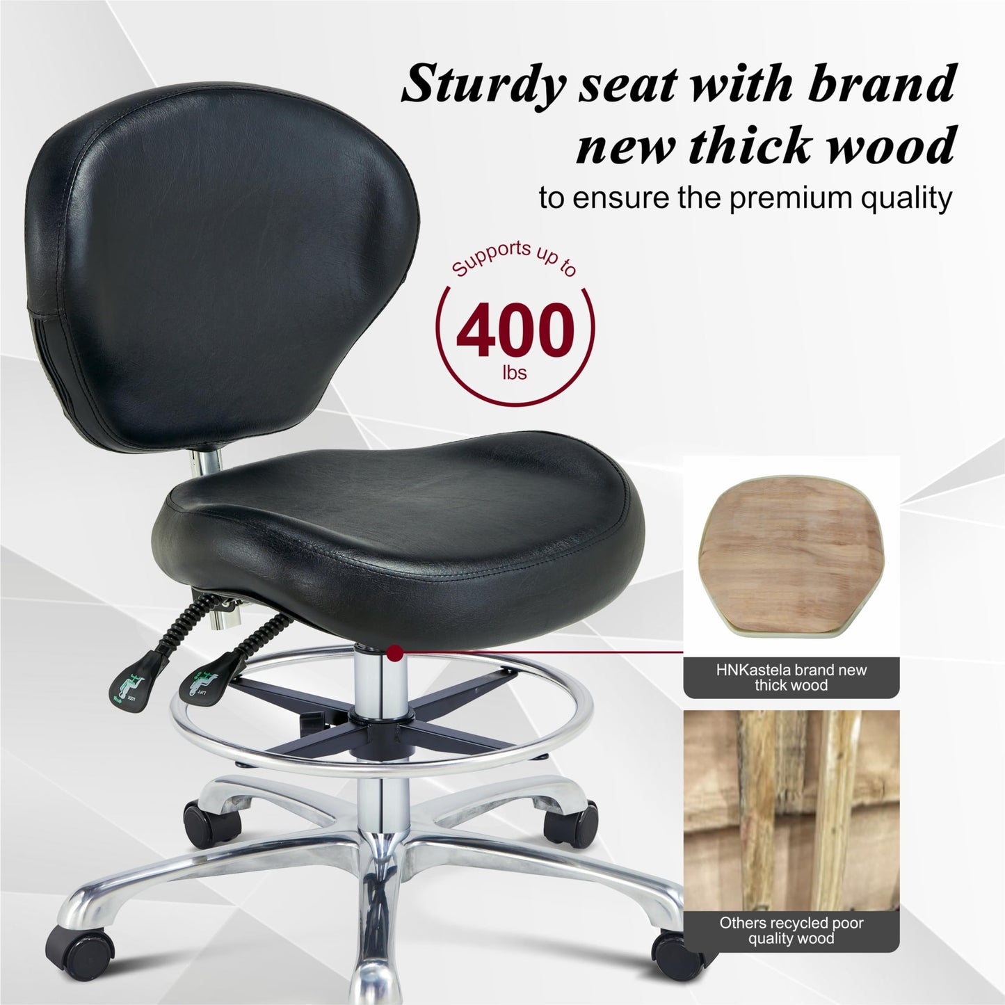 HNKastela Drafting Stool Rolling Chair with Back Support - Height Adjustable Shop Chair with Wheels for Home Office, Studio (Black)