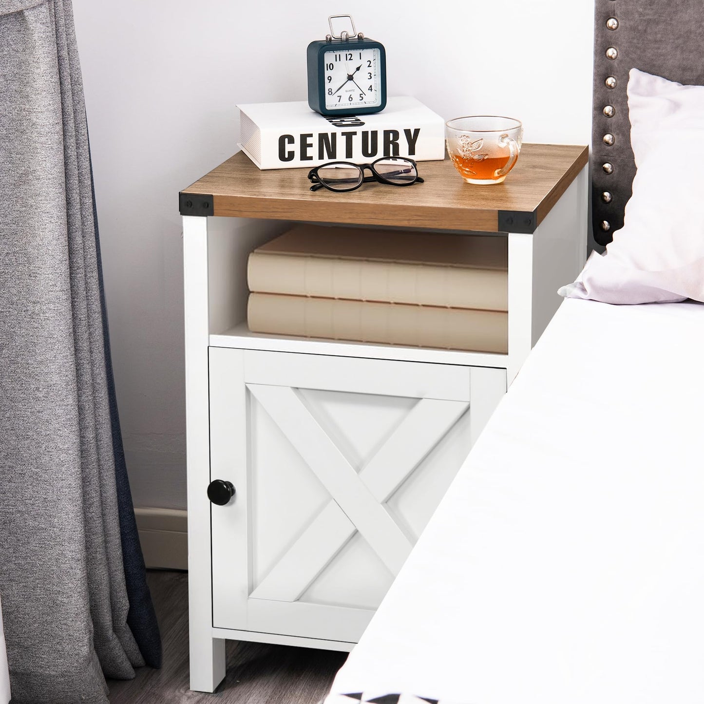 Catrimown Farmhouse End Table, Nightstand Set of 2, Rustic Night Stand with Barn Door and Storage Shelf, White End Table, Side Table for Bedroom Living Room, White