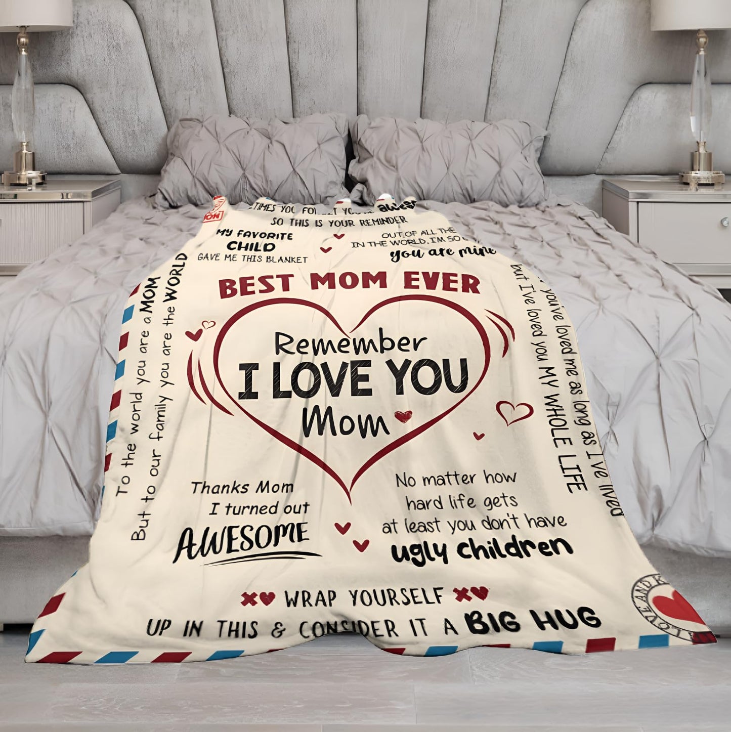 HEOSHIULY Mom Blanket Birthday Gifts from Daughter/Son, Soft Throw Blankets Women Mom Gifts Fleece for Anniversary, Mothers' Day, Envelope Letter Design, 50X60
