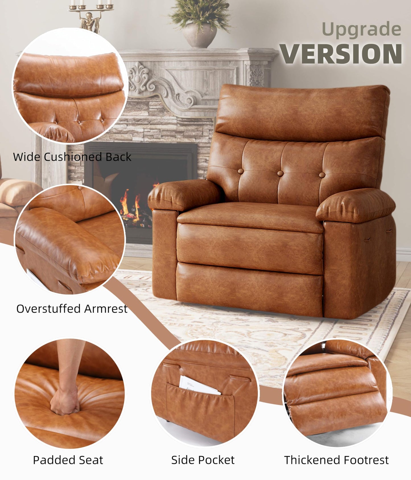 GarveeHome Oversized Recliner Chair - Faux PU Leather Manual Recliner for Adults, Lazy Chair with 1.5X Sponge Comfort Arm and Back for Living Room, Bedroom