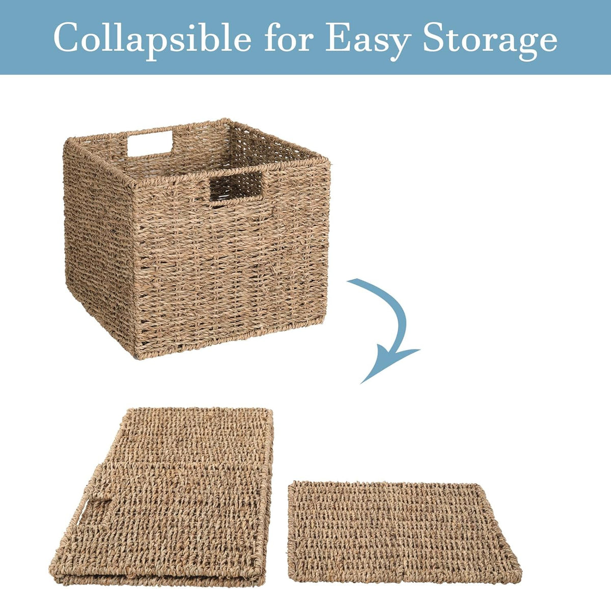 Seagrass Storage Baskets, 12X12X10in Cube Wicker Storage Basket for Shelves, Pantry Baskets Organization and Storage, Kitchen Storage Baskets, Bathroom Shelves Storage Basket Set of 3
