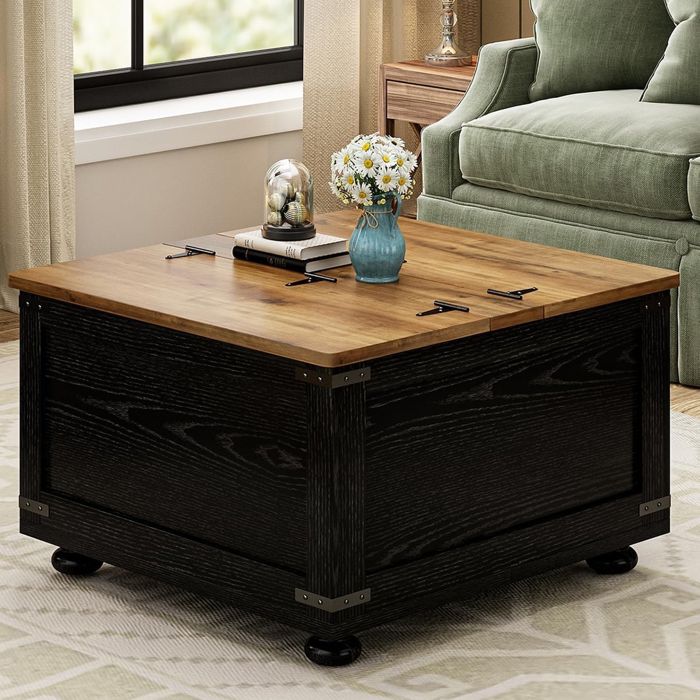 MaverickFurni Farmhouse Coffee Table with Storage, Black Lift Coffee Tables for Living Room, Square Coffee Table with Wood Gourd Feet and Hydraulic Gas Rod, Black