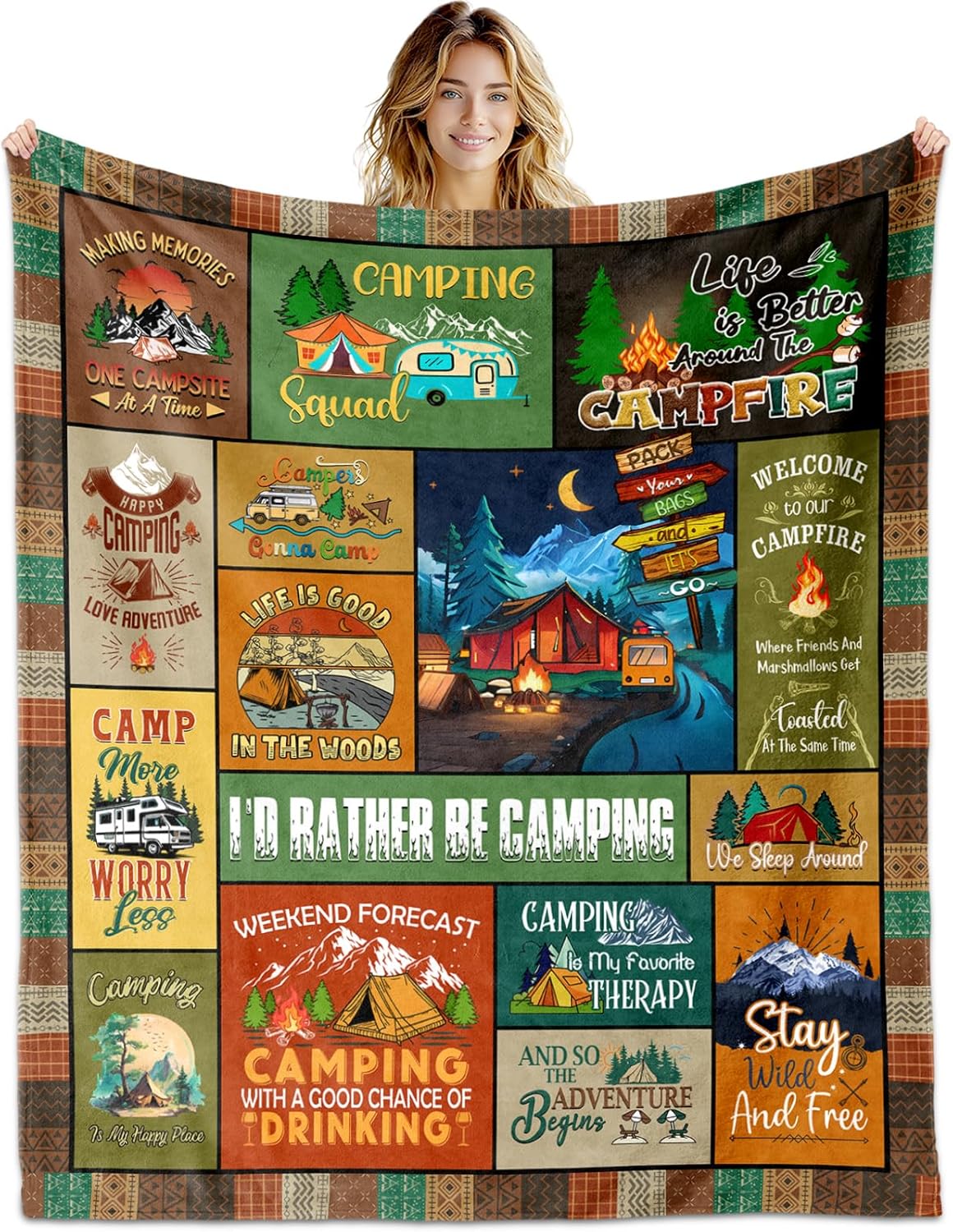 Camping Blanket 60" X 50", Camping Gifts for Women Men, Woman Camping' Gift Camper Decor, Camp Blanket, Camping' Stuff, Camping's Decor for Camper, Blankets Gifts for Camping Lover