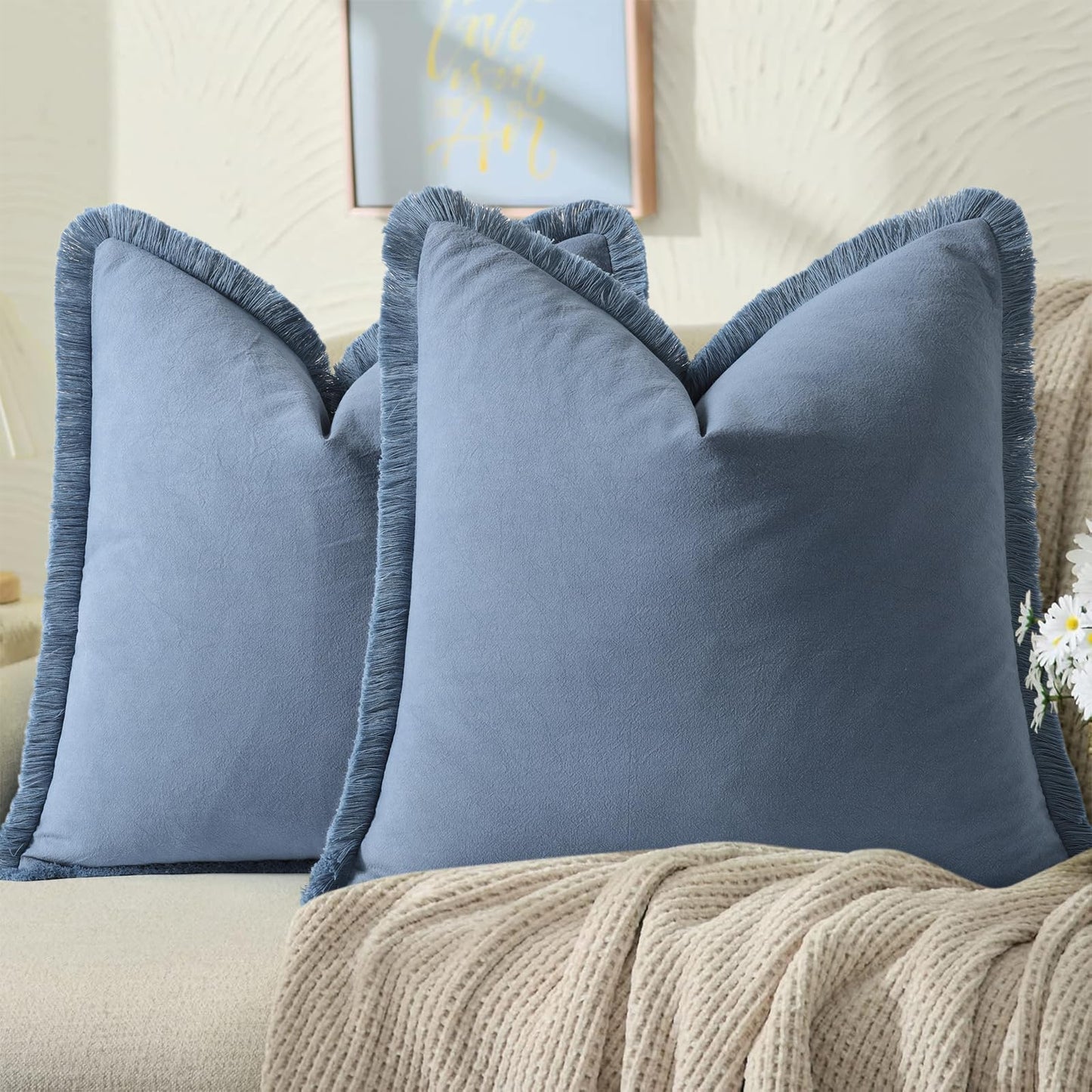 ZWJD Pillow Covers 18x18 Set of 2 Blue Throw Pillow Covers with Fringe Chic Cotton Decorative Pillows Square Cushion Covers for Sofa Couch Bed Living Room Farmhouse Boho Decor