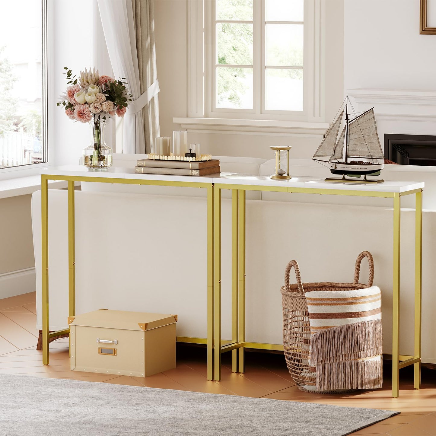 HOOBRO Narrow Console Table, 29.5" Small Entryway Table, Thin Sofa Table, Side Table, Display Table, for Hallway, Bedroom, Living Room, Foyer, White and Gold DW75XG01