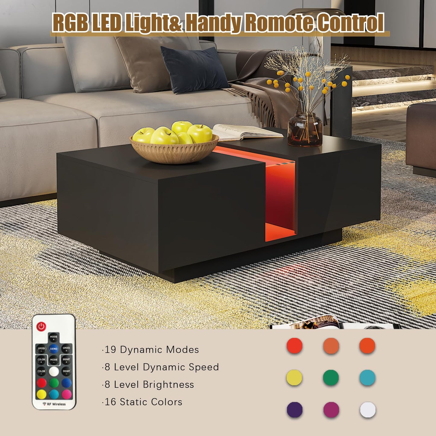 HedoAjim Black Led Coffee Table for Living Room, Rectangular Living Room Table with Storage, Acrylic Coffee Tables with 2 Sliding Drawers, Wood Center Table for Reception Dinning Room