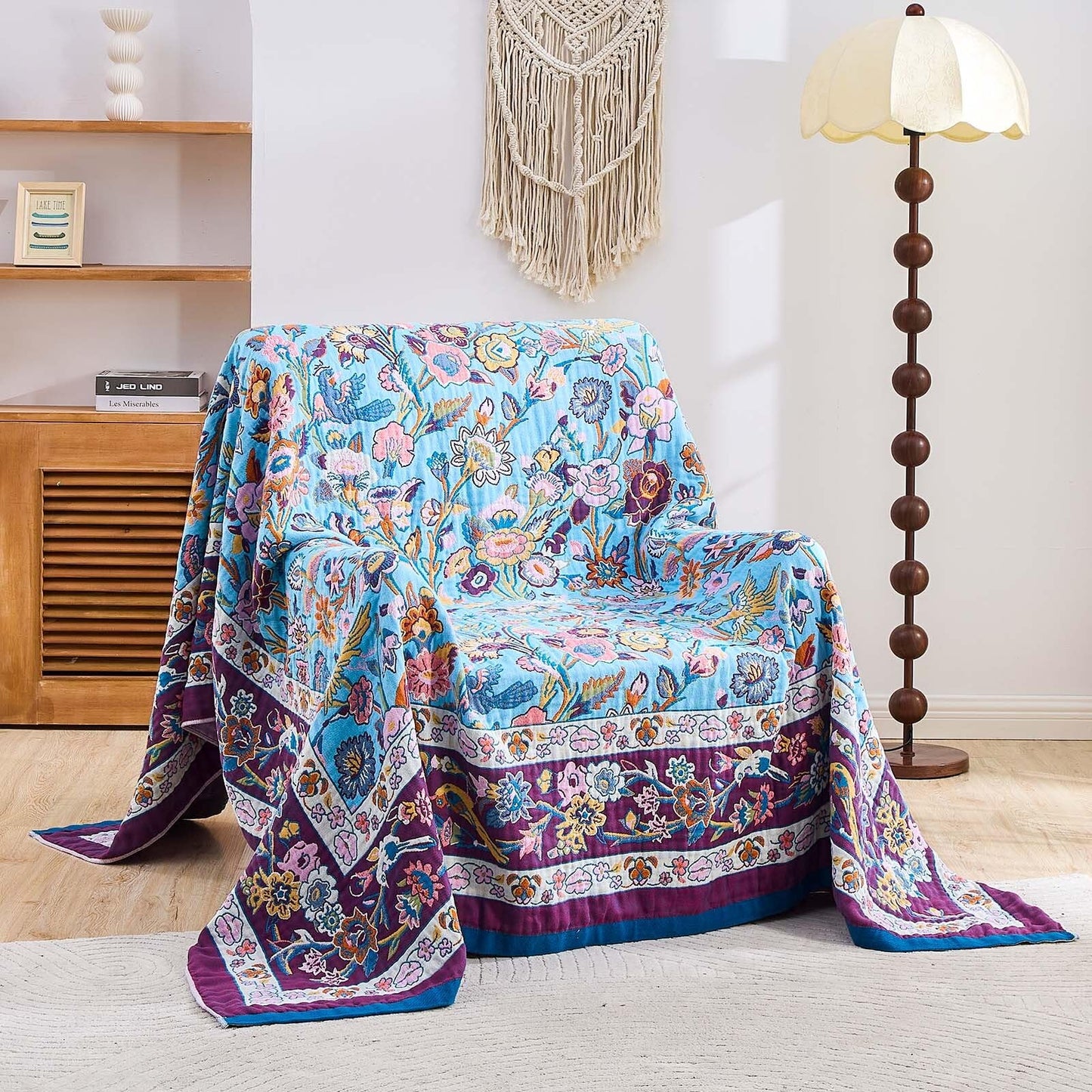XIBLC Fall Blanket for Bed, 100% Cotton Soft Rustic Boho Throw Blanket Quilt, 50"x60" Farmhouse Decor Bed Flower Blankets, Light Weight Reversible Bohemian Throw Quilt