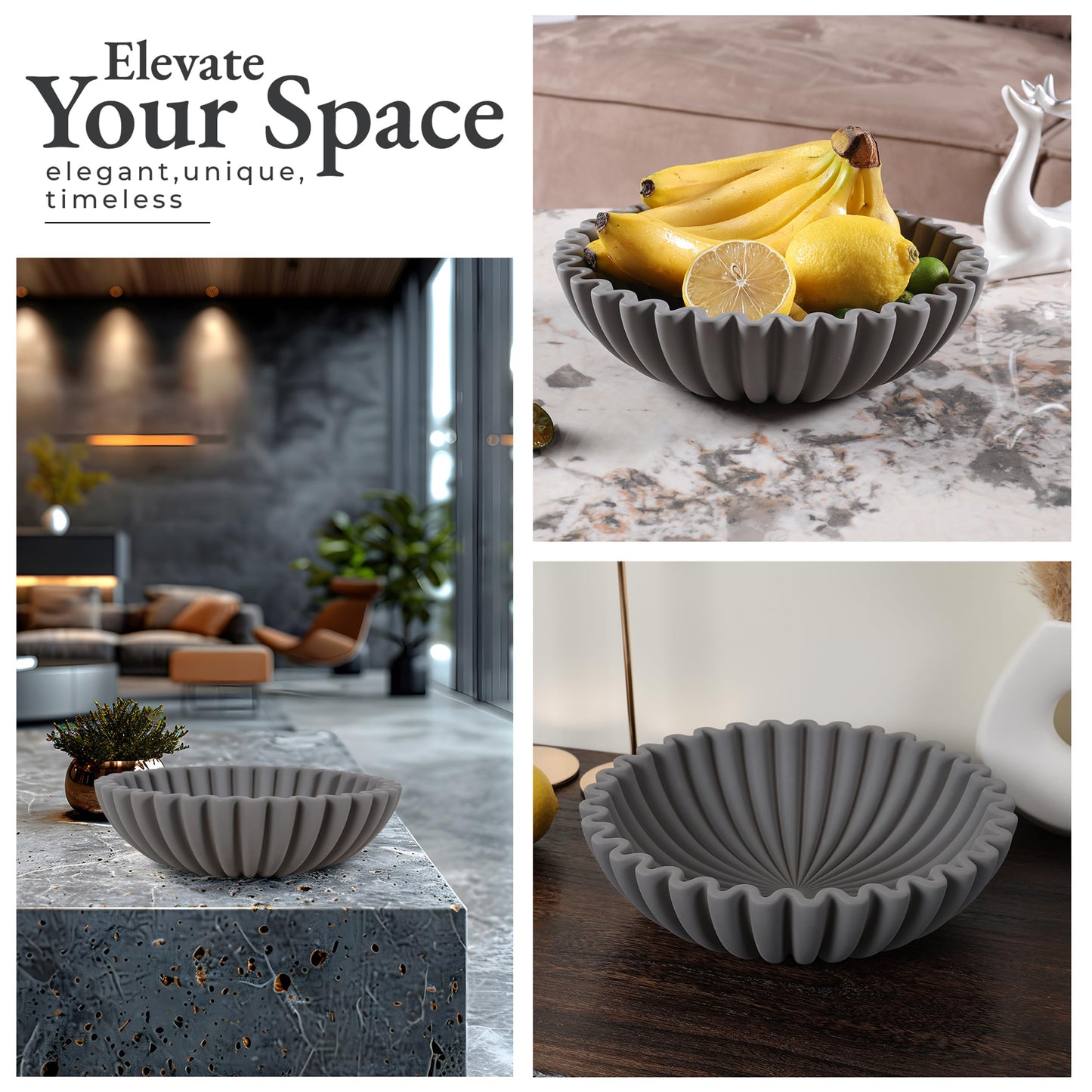 FNTSTICGOODS Large Ruffled Decorative Bowl - 10” Diameter & 3” Height - Handcrafted Concrete Fruit Bowl - Stylish Key Holder for Entry Table