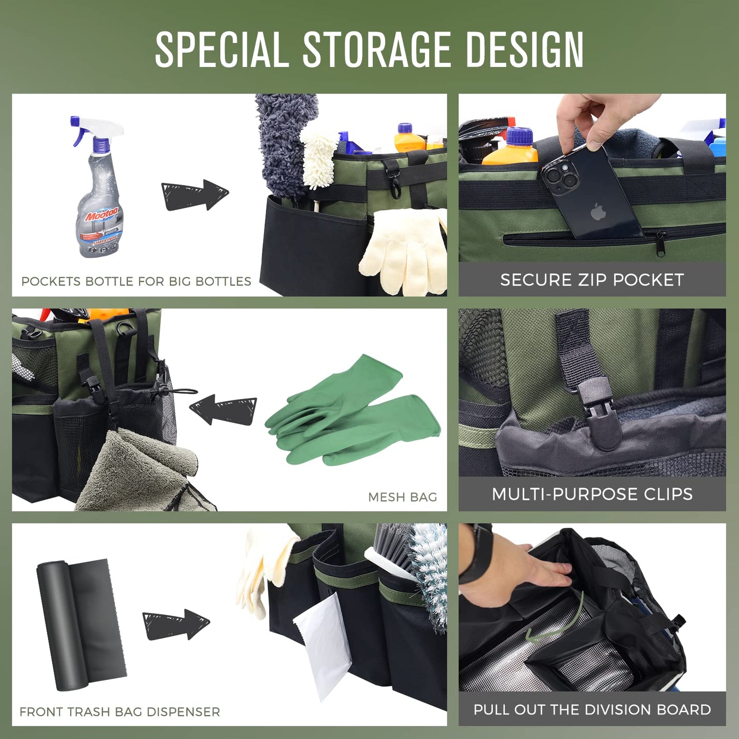 SCAVATA Wearable Cleaning Caddy Organizer with Handle & Shoulder Straps for Housekeepers, Under Sink & Car Cleaning Tool Organizer Bag with 4 Foldable Dividers (Green)