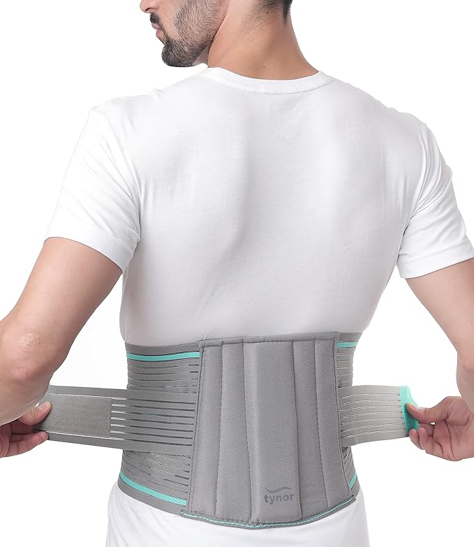 TYNOR Lumbar Support Belt Breathable Compression Lower Back Brace, Adjustable Waist Lumbar Support Brace for Men & Women, Herniated Disc, Sciatica, Back Pain & Heavy Lifting (Medium, Grey)