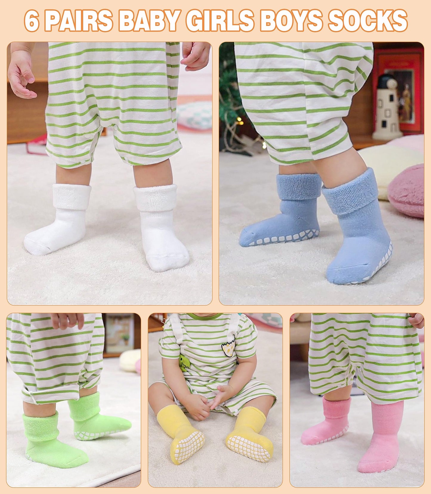 LANLEO Baby Girls Boys Non Slip Socks with Grips Toddler Kids Unisex Warm Thick Cotton Ankle Crew Socks with Grippers 6 Pairs Color A,1-3 Year Old