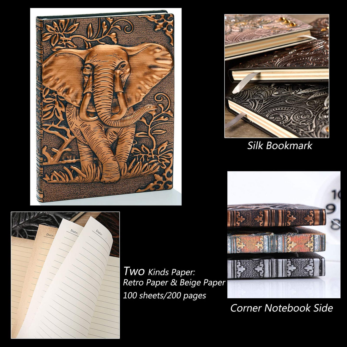 JEWPHX 3D Elephant Vintage Leather Journal Writing Notebook with Pen Set,Antique Handmade Leather Daily Notepad Sketchbook,Travel Diary&Notebooks to Write in,Elephant Journal Gift for Men Women