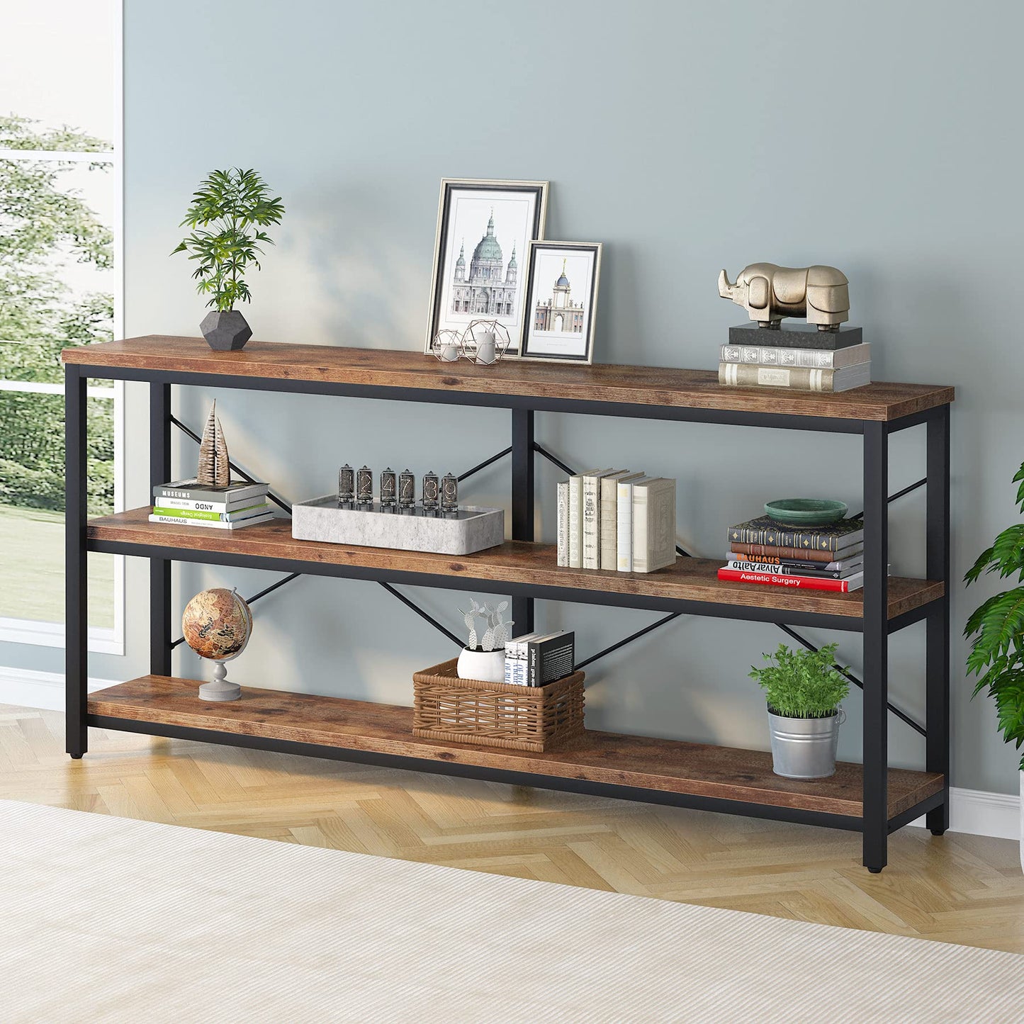 Tribesigns 71" Sofa Tables Extra Long Couch Table, Narrow Long Console Table, Entryway Table,Sofa Table with 3 Tiers Storage Shelves (Rustic Brown)