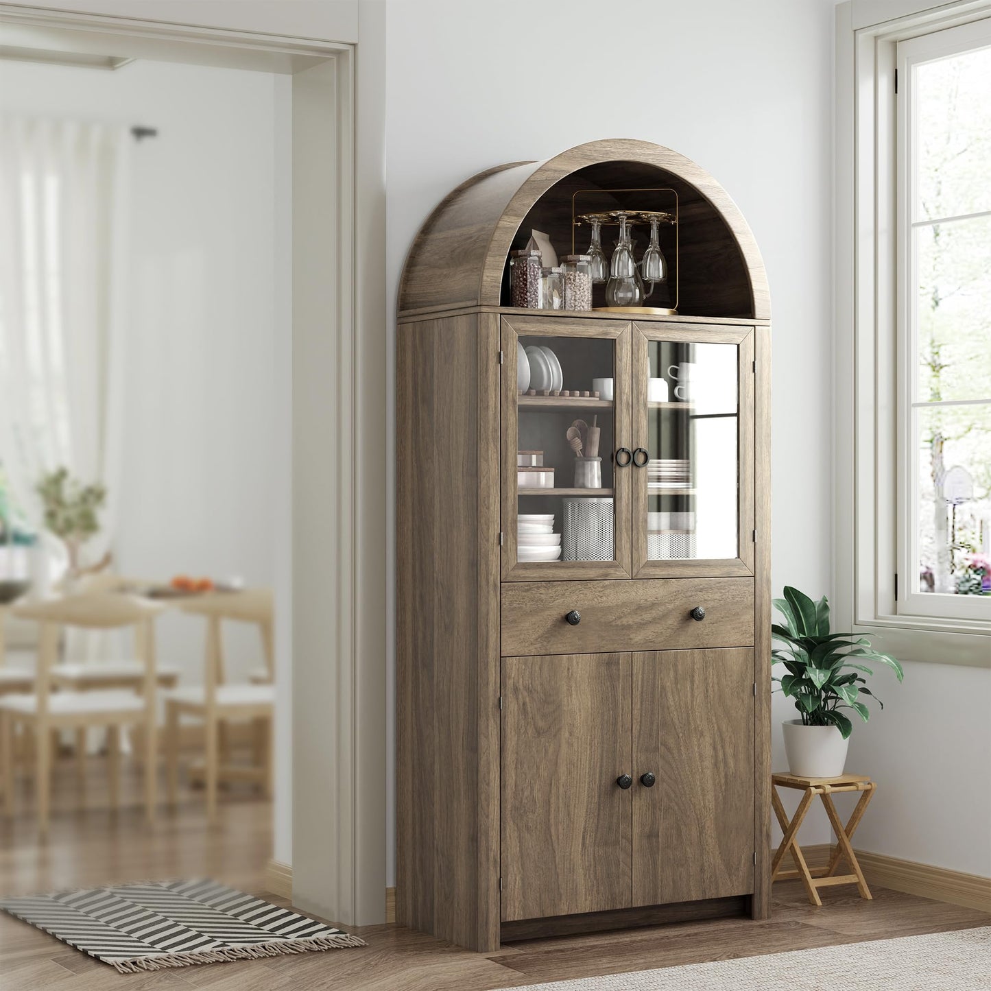 VAXZOFI Arched Kitchen Pantry Cabinet, 71" Tall Wood Kitchens Storage Cabinets with Glass Door and Adjustable Shelves, Modern Farmhouse Versatile Cupboard for Kitchen, Dining Room, Bathroom