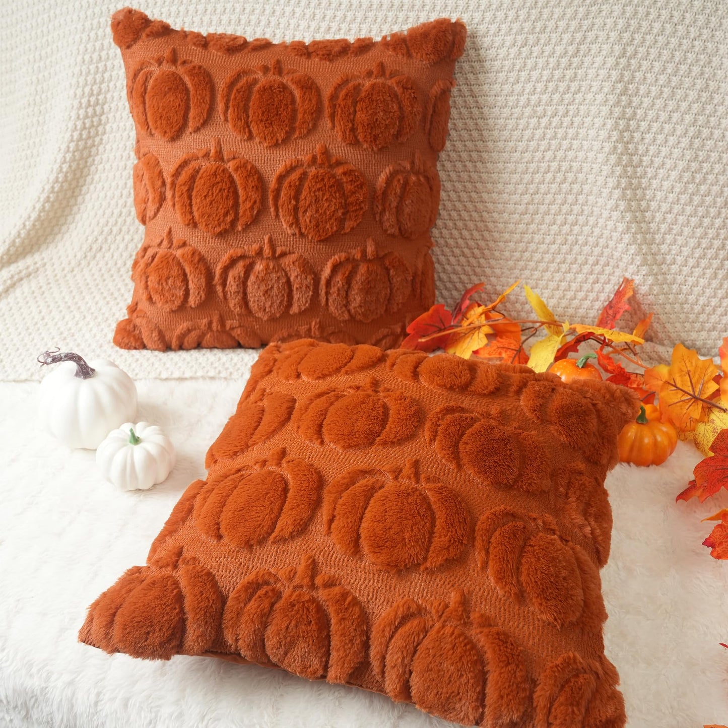 GEEORY Fall Pillow Covers 18 x 18 Inch Set of 2, Fall Decorations Pumpkins Soft Plush Fluffy Faux Fur Wool Decorative Autumn Farmhouse Cushion Case for Sofa Rust GC019-18