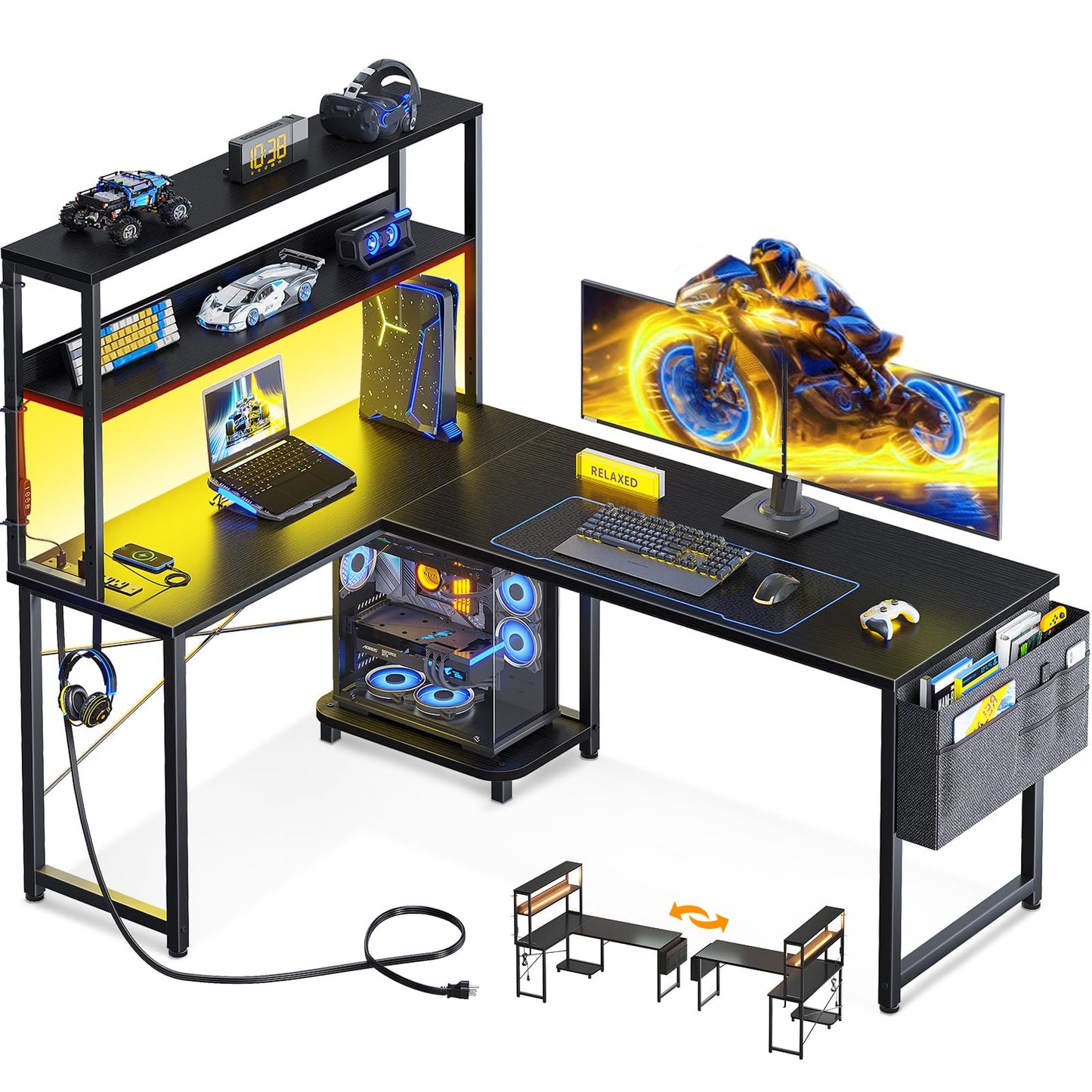MOTPK L Shaped Gaming Desk with LED Light & Power Outlet, 53 Inch Reversible L Shaped Desk with Shelves, Computer Desk with Storage Bag&Hook, Corner Desk for Home Office Desk, Black