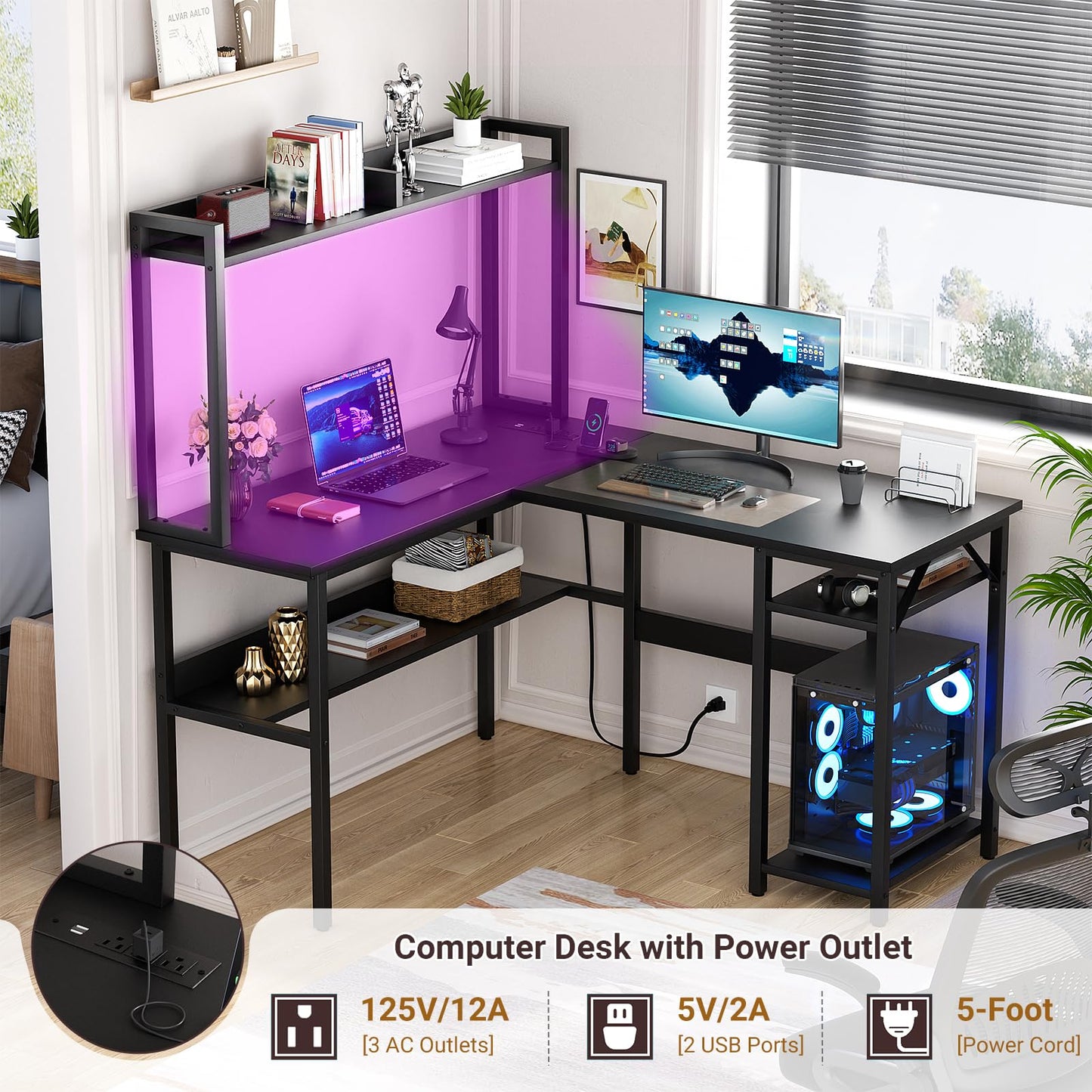 Unikito L Shaped Gaming Desk with LED Strip and Power Outlets, Reversible L-Shaped Computer Desk with Storage Shelves, Corner Desk with Hutch, 2 Person Home Office Desk, Black