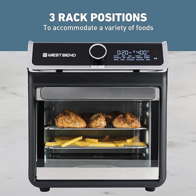 West Bend Air Fryer Oven 15-Quart Capacity with Digital Controls Easy-View Door and 16 Cooking Presets, Includes Eight Cooking Accessories, 1000-Watts, Black