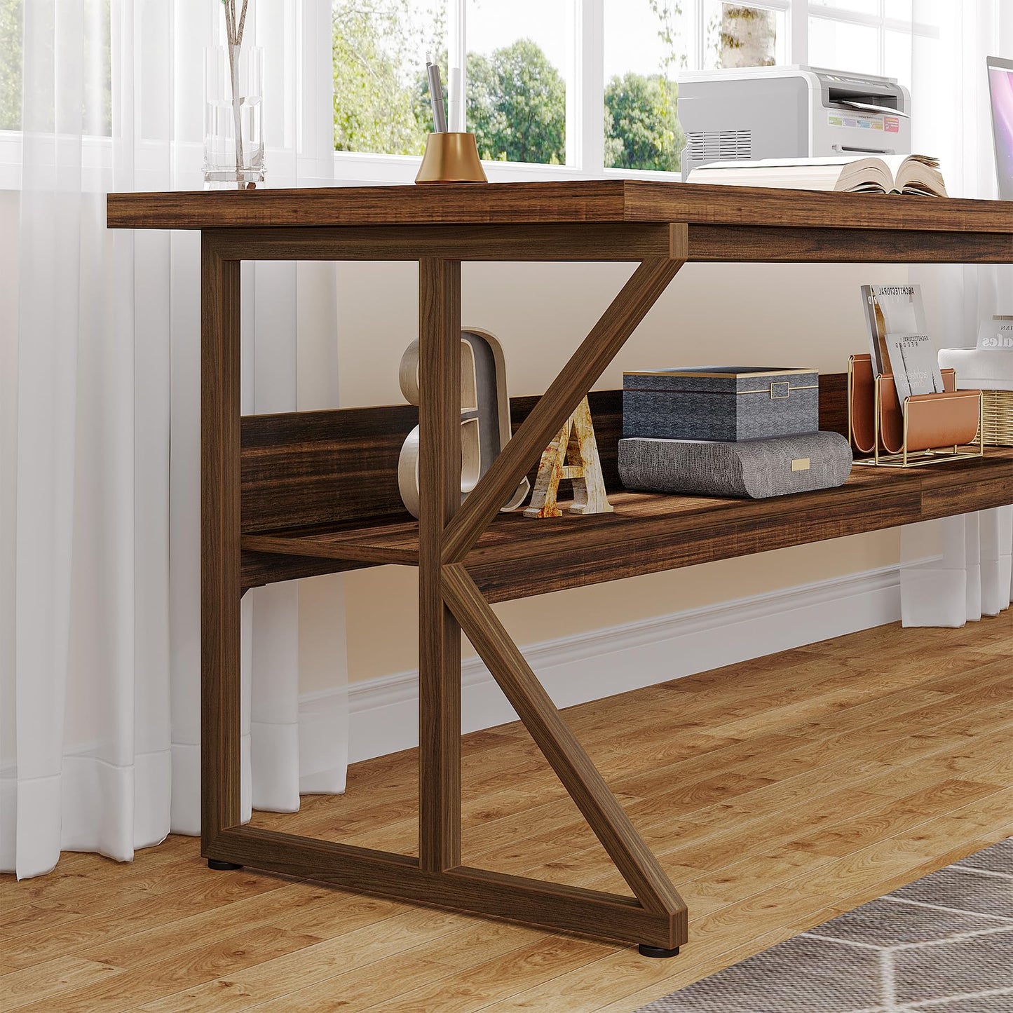 Tribesigns 79-Inch Extra Long Desk, Two Person Desk with Storage Shelf, Large Writing Table for Home Office, Rustic Brown