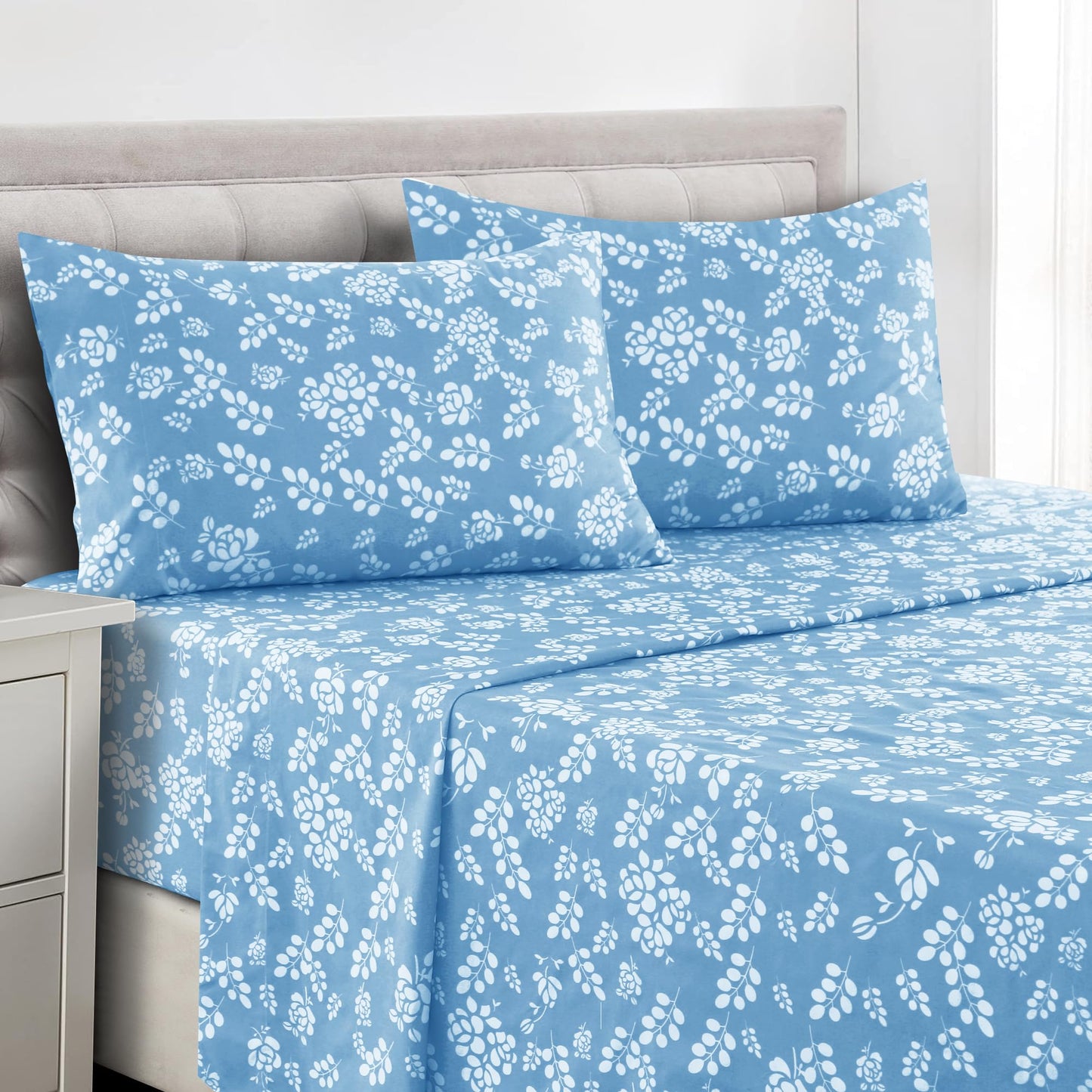 LUX Décor Floral California King Sheet, Set 4 PC Soft Microfiber Wrinkle Free Sheets - Luxurious Printed Bed Sheets Includes Flat Sheet, Fitted Sheet with Deep Pockets, & 2 Pillowcase, Blue