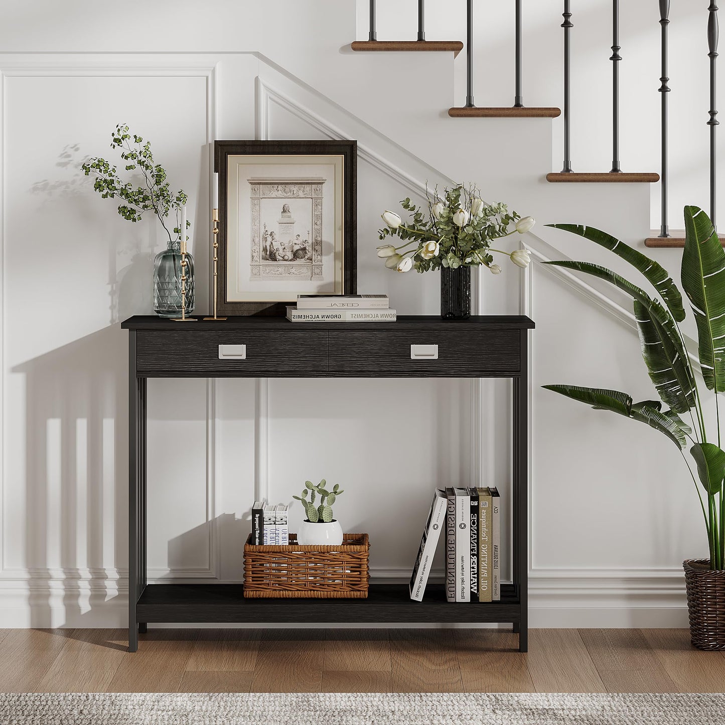 ChooChoo Black Entryway Table with Drawer, Narrow Console Table, Sofa Table with Storage Shelf for Entryway, Living Room and Hallway