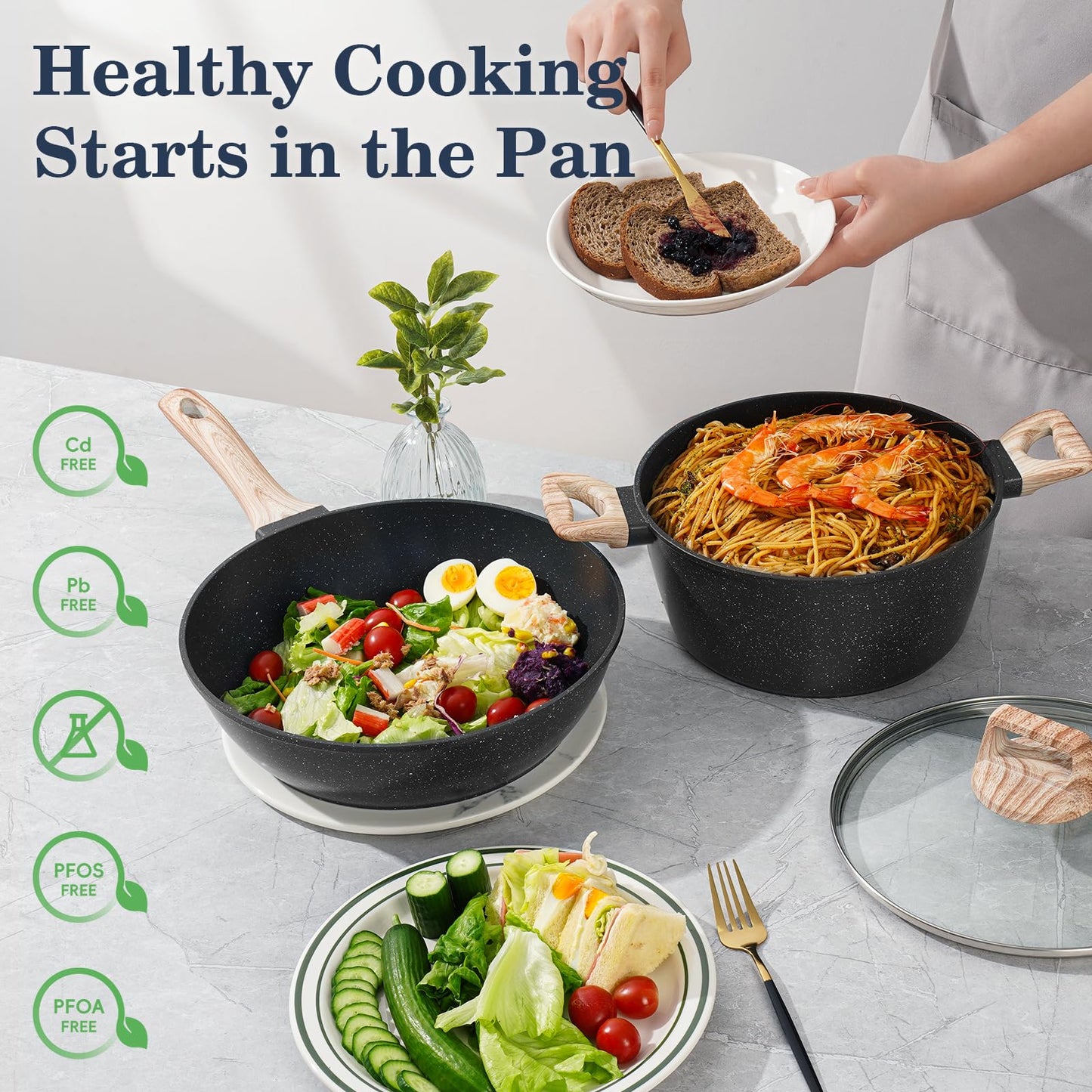 SODAY 12 Pcs Pots and Pans Set Non stick, Cookware Sets Black Granite Induction Cookware, Non-toxic Healthy Nonstick Kitchen Cooking Set with Frying Pans Set, Saucepans (PFAS/PFOA/PFOS Free)